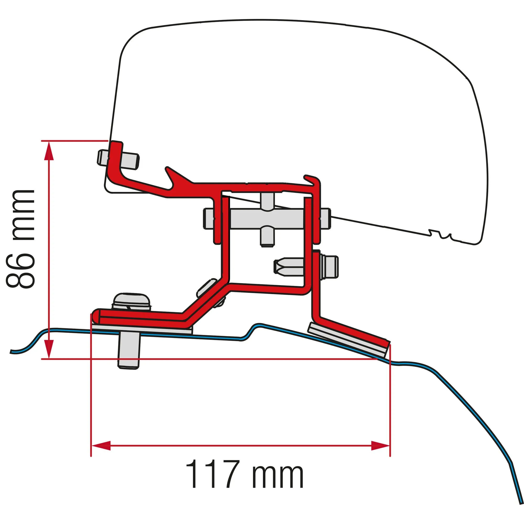 Technische Seitenansicht des roten Markisenadapter-Kits für Ford Custom L2 mit Befestigungsteilen und Maßangaben 86 mm und 117 mm