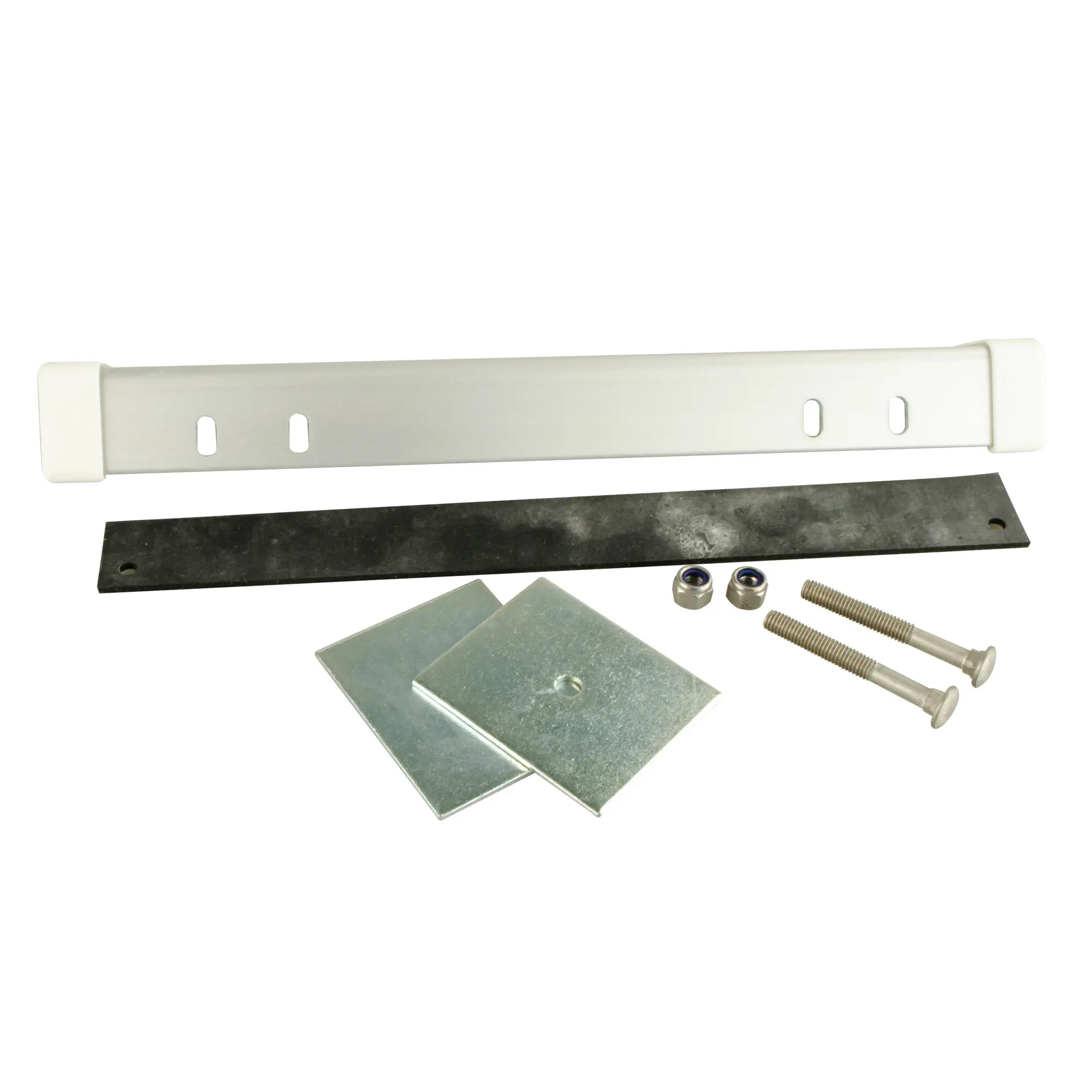 Lange Halteschiene aus Metall mit weißen Endkappen und ovalen Befestigungslöchern; schwarzer Träger, Metallplatten, Schrauben und Muttern