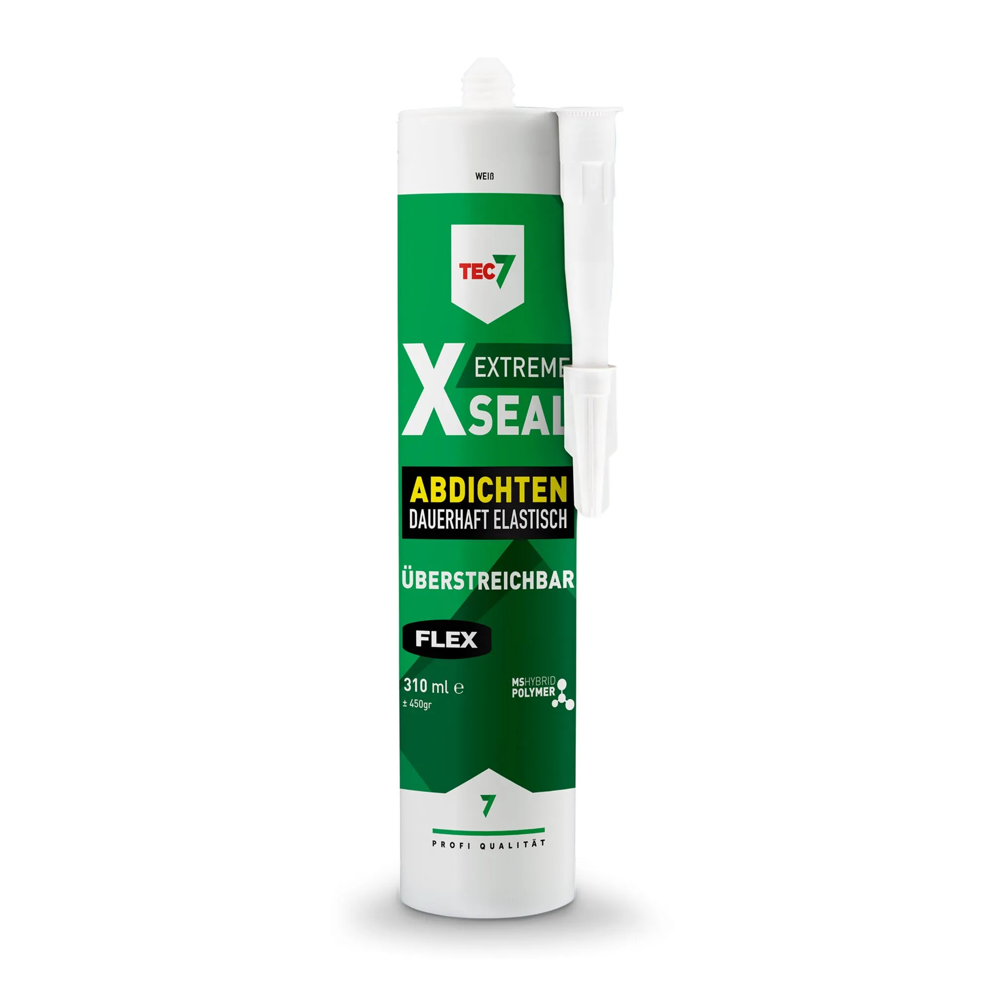 Weiße 310-ml-Kartusche TEC7 XSEAL EXTREME mit grünem Etikett und weißem Aufsatz, Aufdruck Abdichten