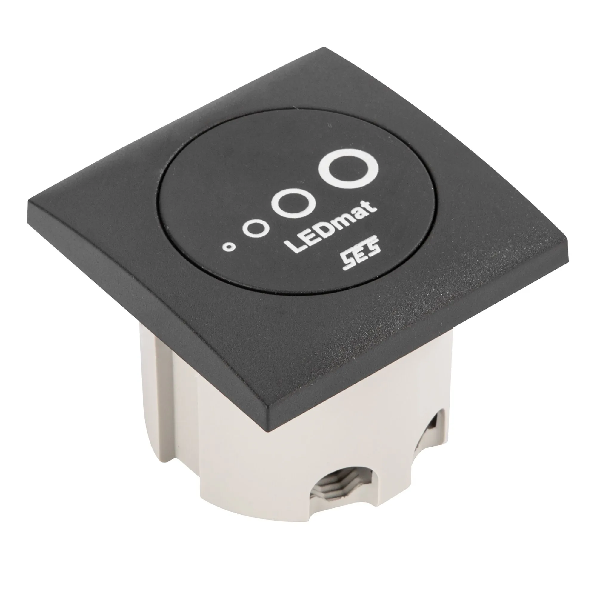 Schwarzer Dimmer Touch & Slide von SEES mit runder Touch- und Slide-Bedienfläche auf weißem Gehäuse