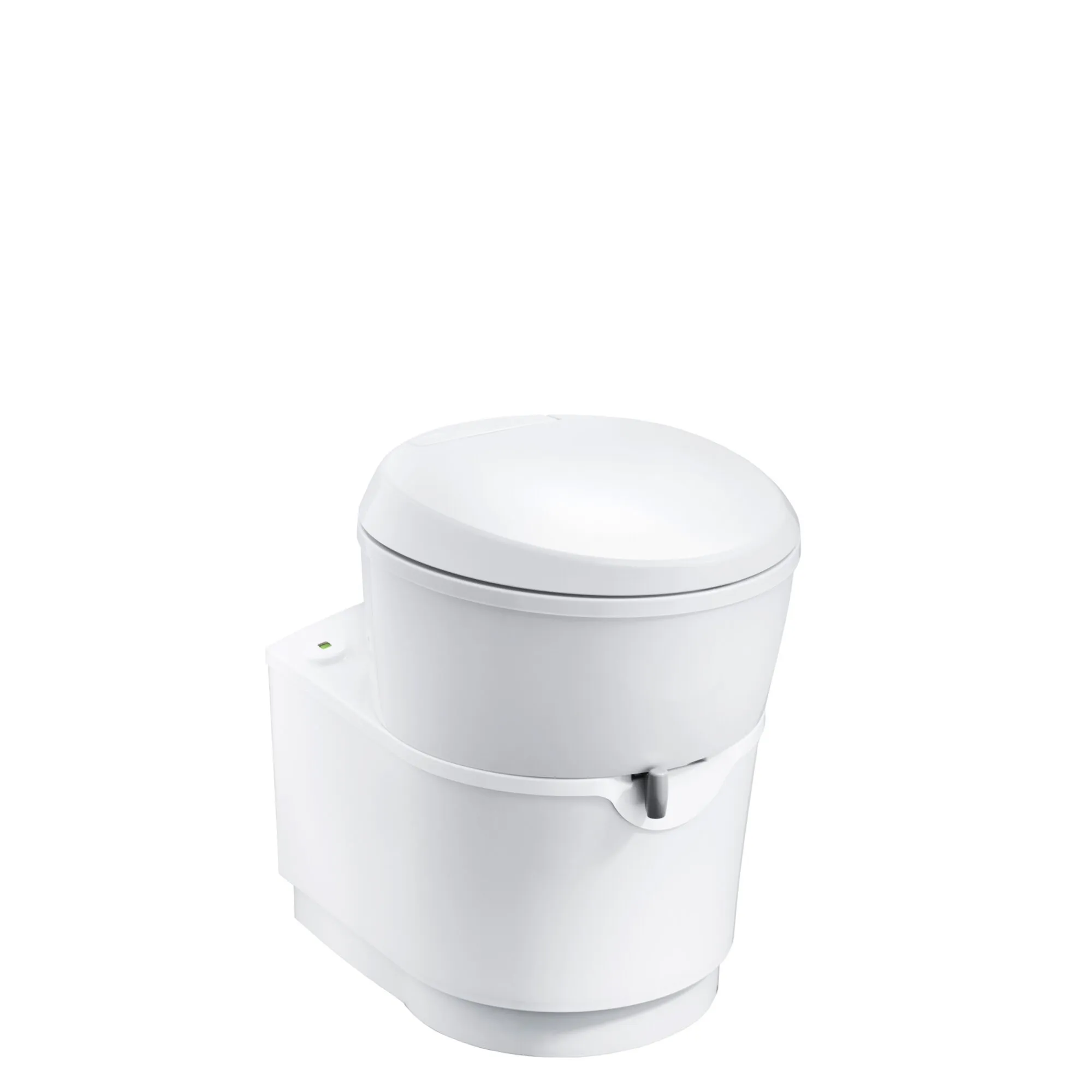 Weiße Cassettentoilette C220 Typ C223-S in schräger Vorderansicht mit geschlossenem Deckel und Verriegelungsgriff