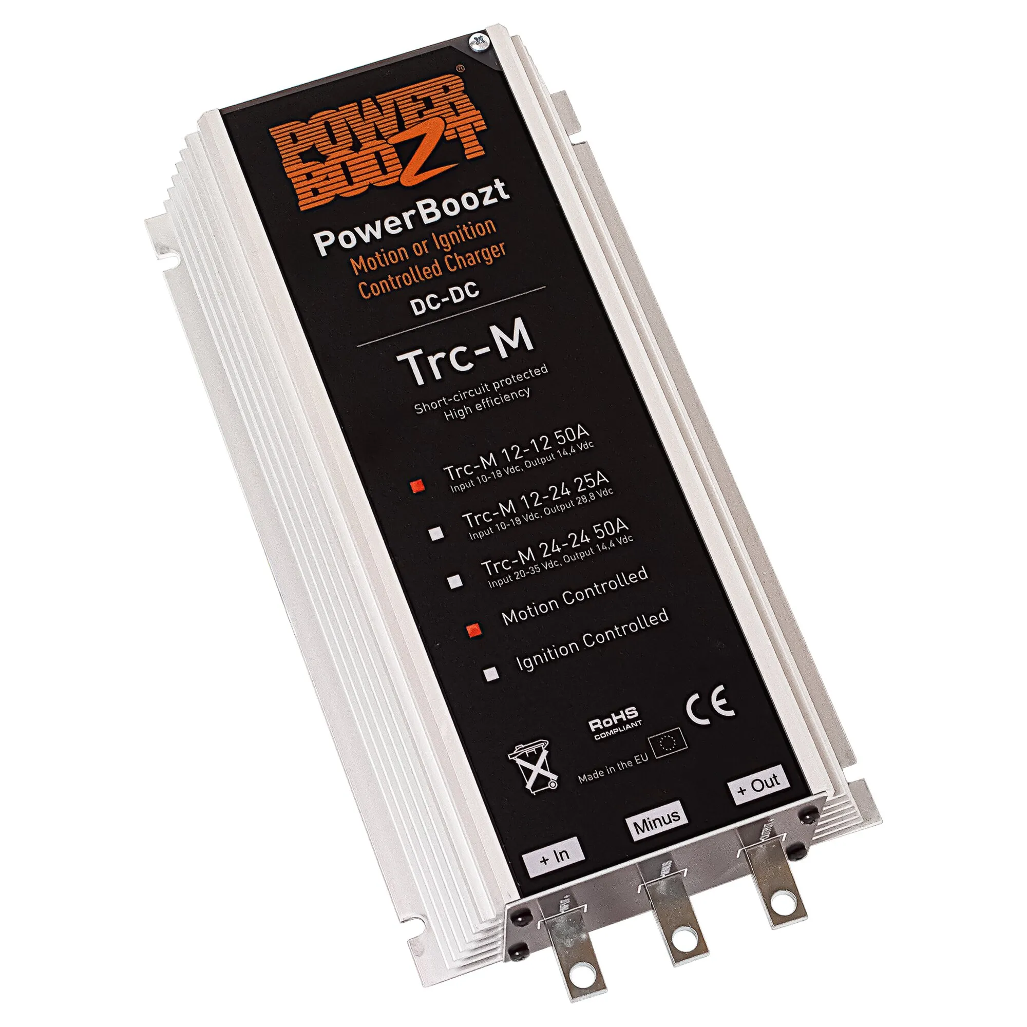 PowerBoozt Trc-M DC-DC-Ladebooster mit Aluminiumgehäuse, Kühlrippen, Vibrationssensor und drei Anschlussklemmen