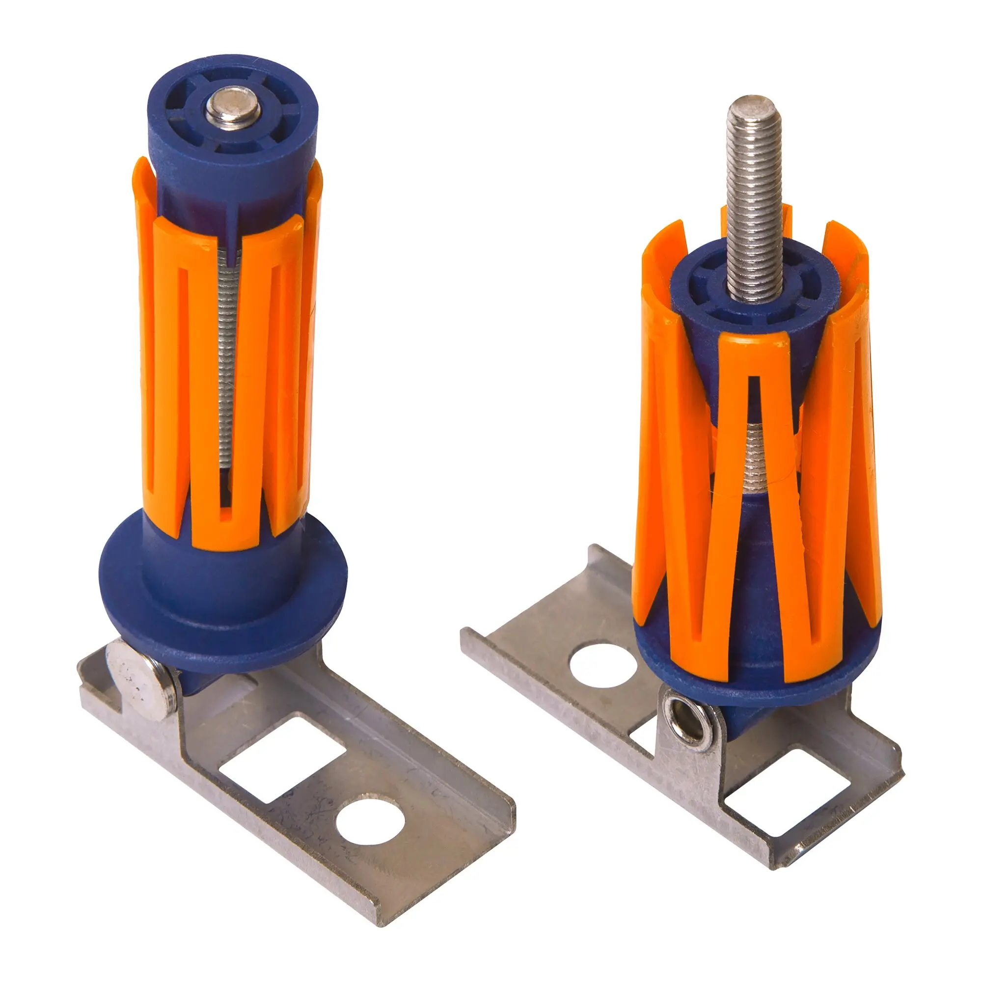 Detailansicht eines PP Fix&Go Adapters mit orangefarbenem Gehäuse, blauer Oberseite, Gewindespindel und metallischer Basis mit Bohrungen