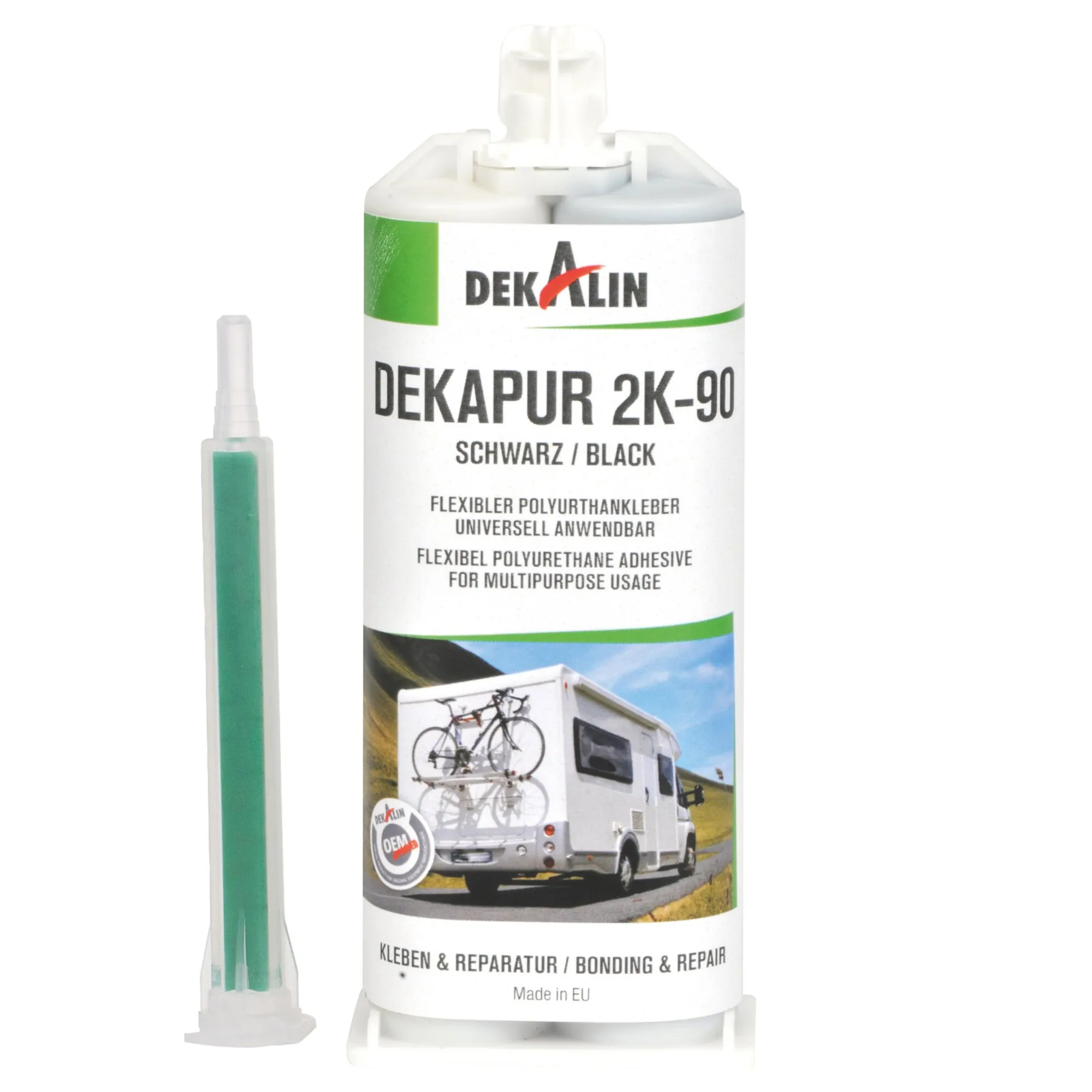 DEKALIN DEKAPUR 2K-90 Polyurethan-Kleber in schwarzer 50-ml-Kartusche mit grünem Mischaufsatz und separater Dosierspitze