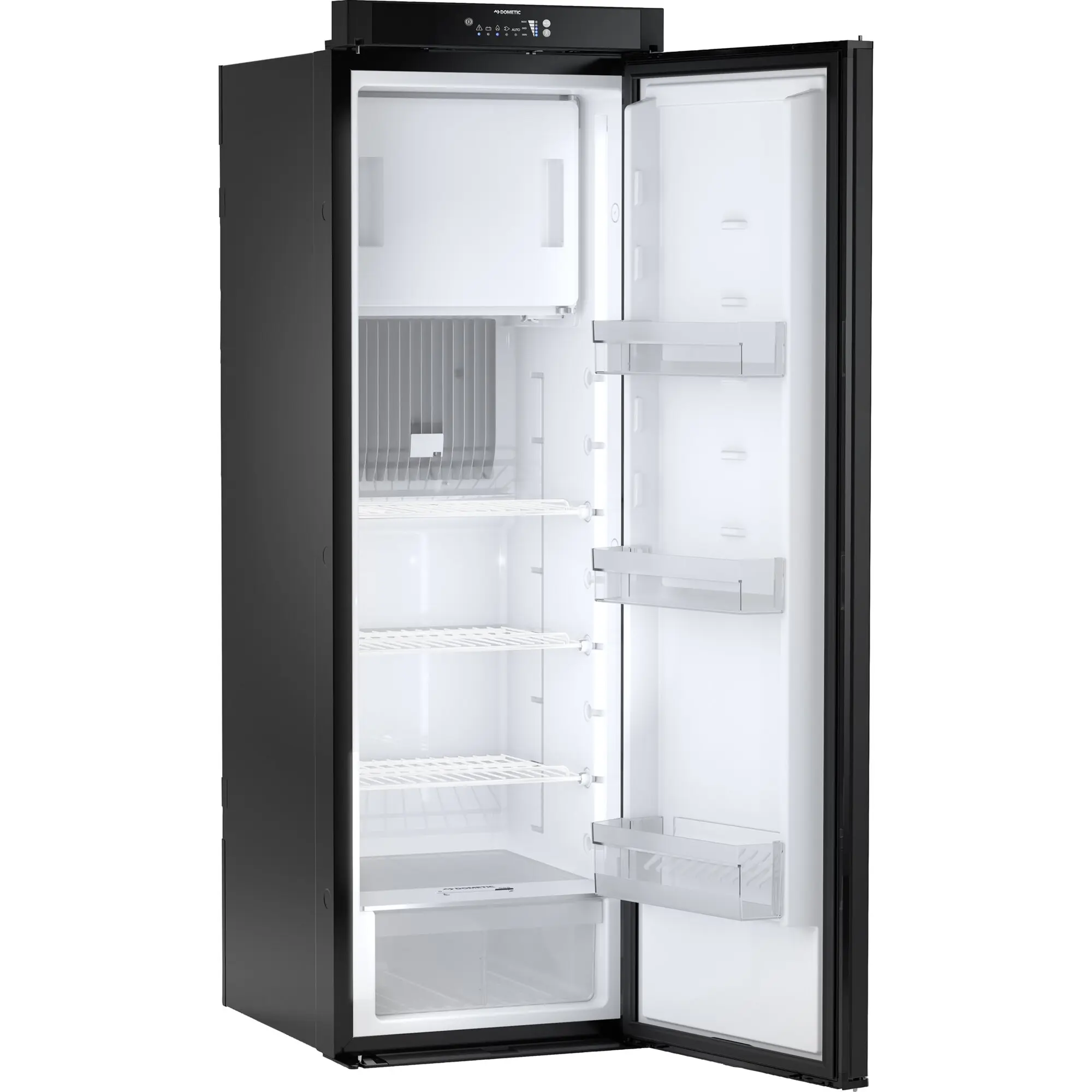 Dometic Absorber-Kühlschrank RML 10.4G, schwarzes Gehäuse, geöffnete Türen, heller Innenraum mit Regalen, Türfächern und Ablageboden