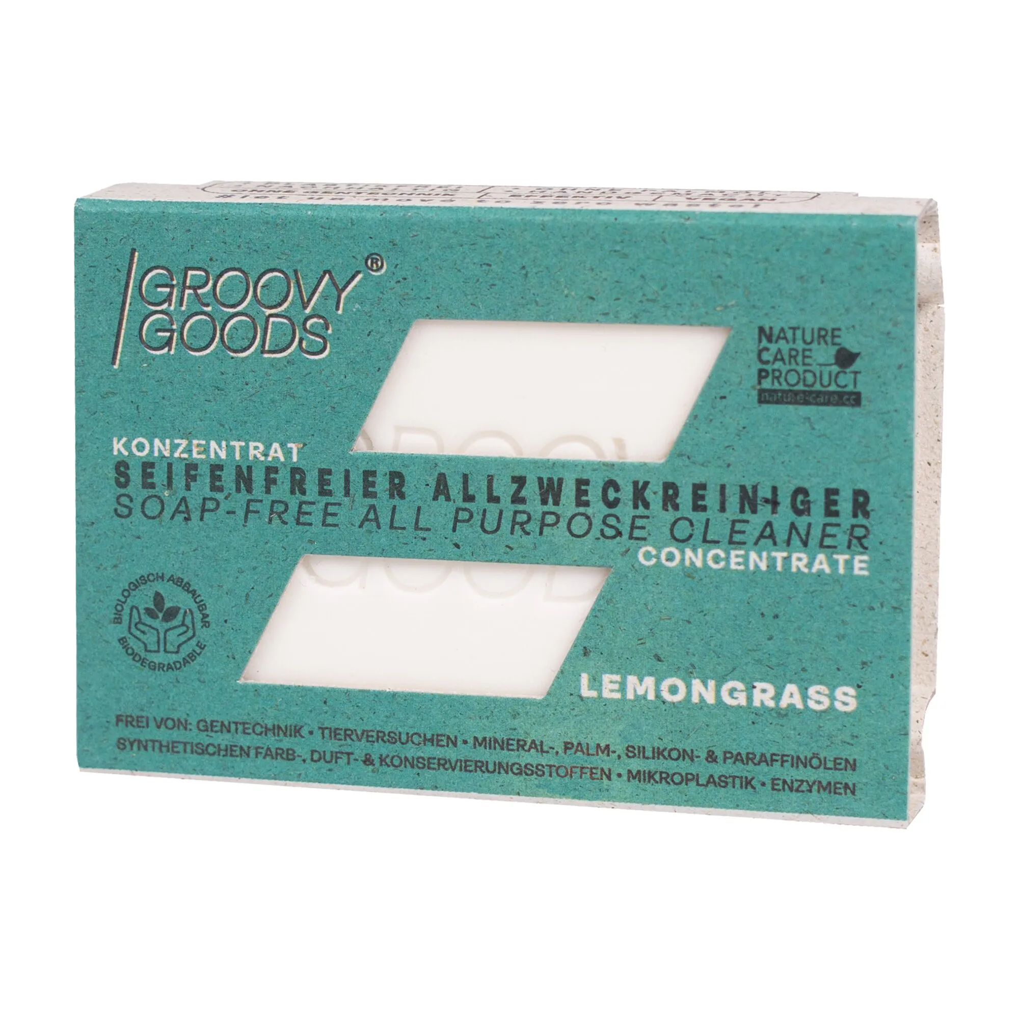 Türkise Verpackung von Groovy Goods für seifenfreien Allzweckreiniger als Konzentrat mit Lemongrass-Duftೇಂದ್ರ