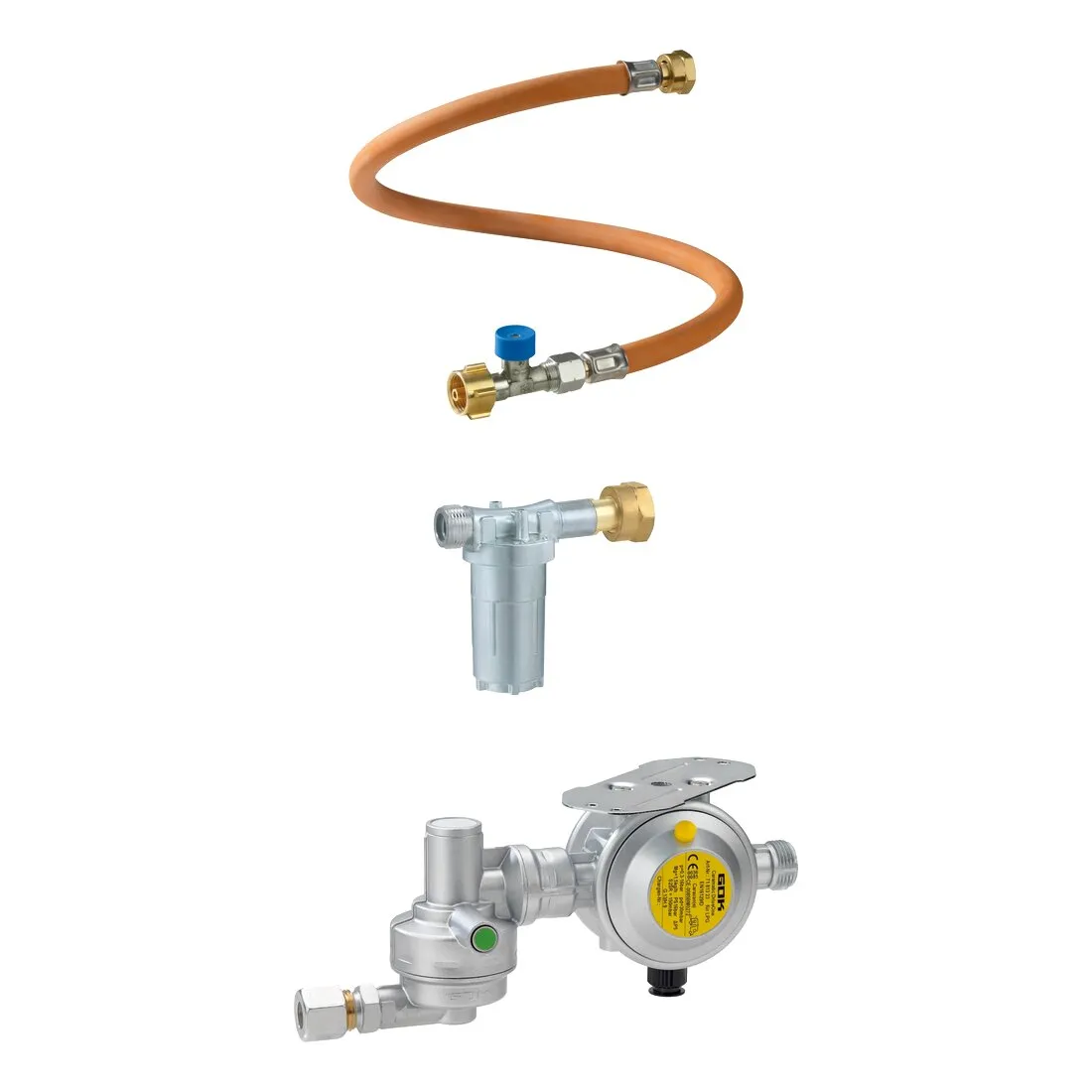 Caramatic DriveOne Set, horizontale Sicherheits-Gasdruck-Regelanlage mit orangefarbenem Schlauch, Filter und Druckregler