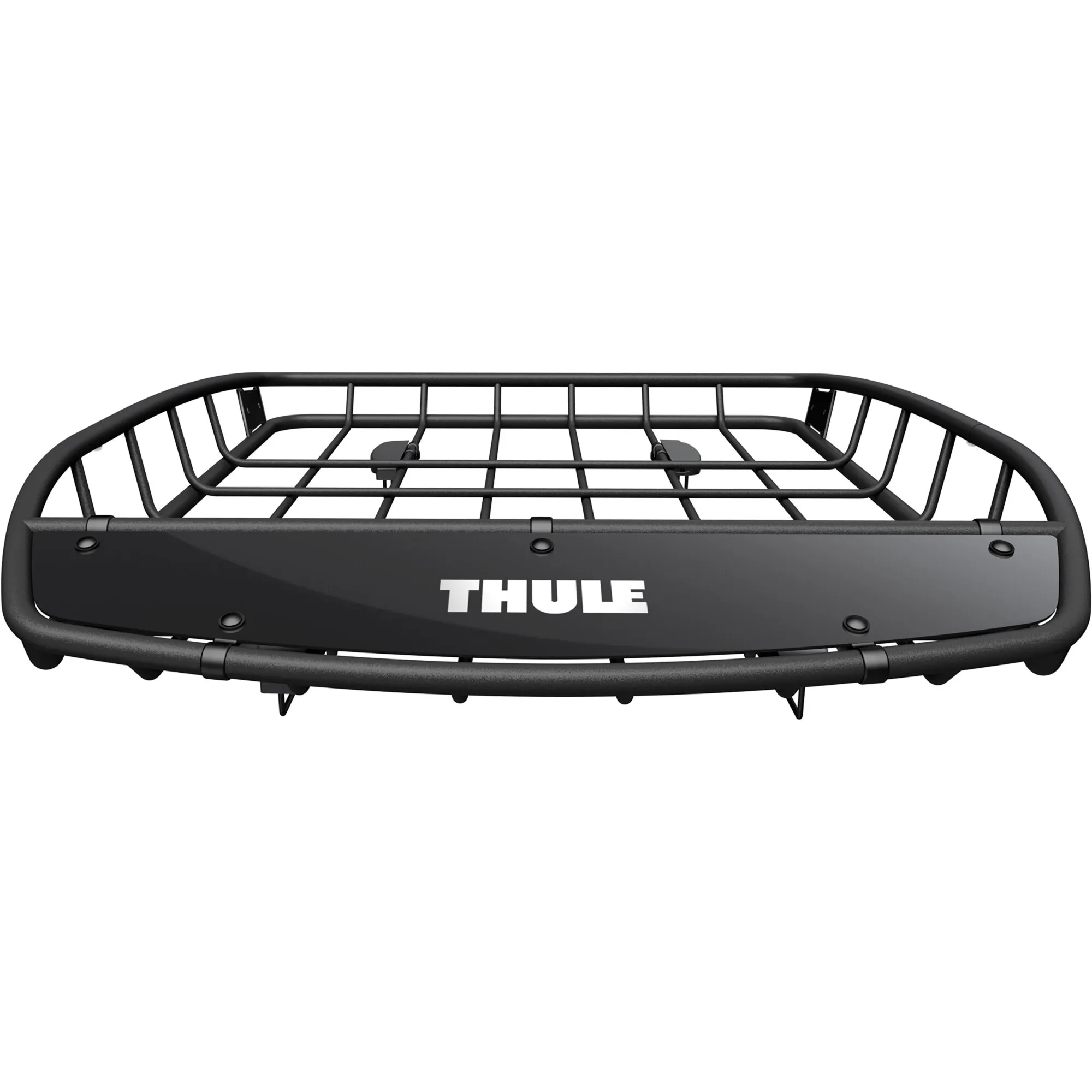 Schwarzer Thule Canyon XT Dachkorb aus Metall mit erhöhtem Rand, Gitterboden und seitlicher Thule-Platte