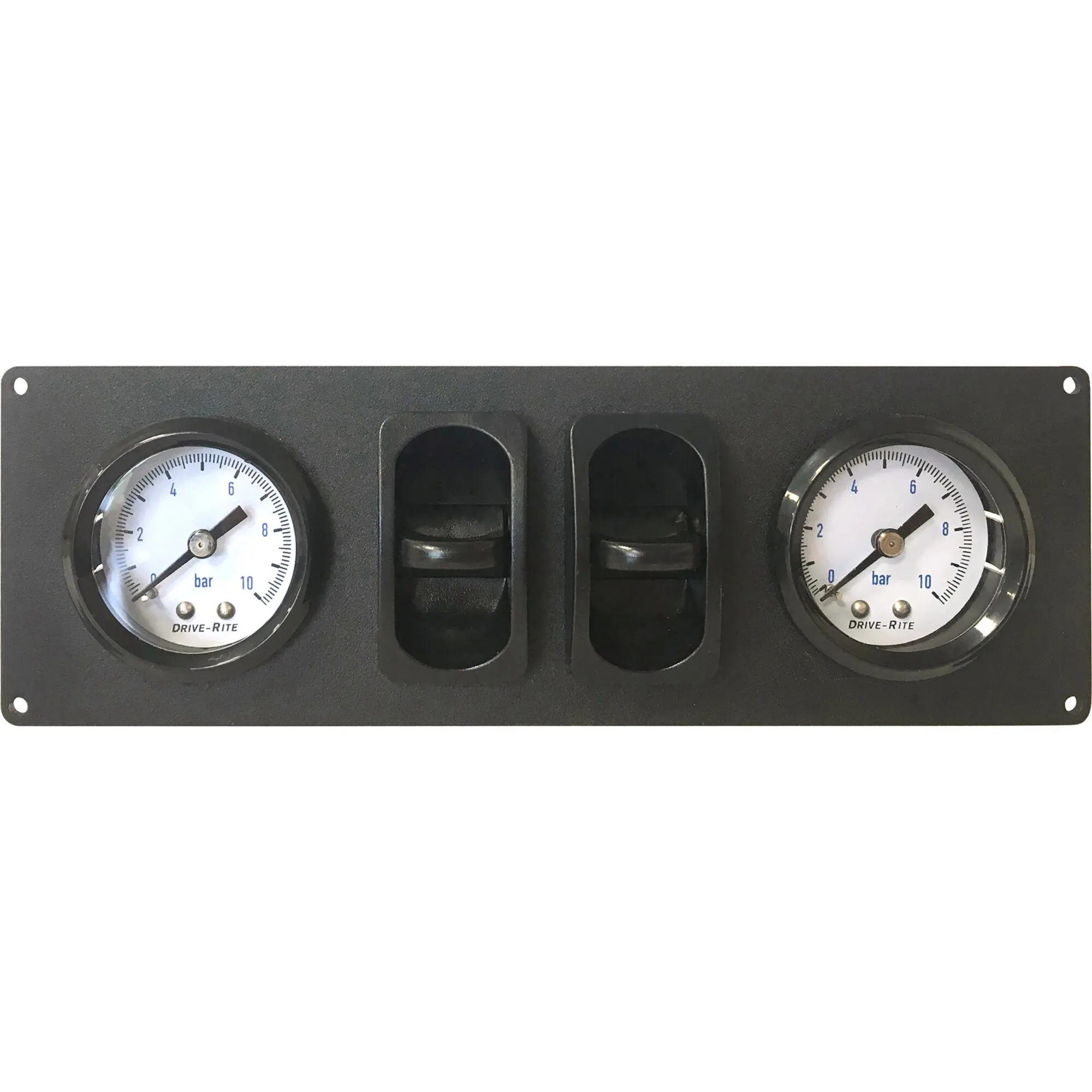 Schwarzes Bedienpanel des Airlift Maxi Luftfedersystems mit zwei Drive-Rite-Manometern und zwei Ventilschaltern, Anzeige bis 10 bar