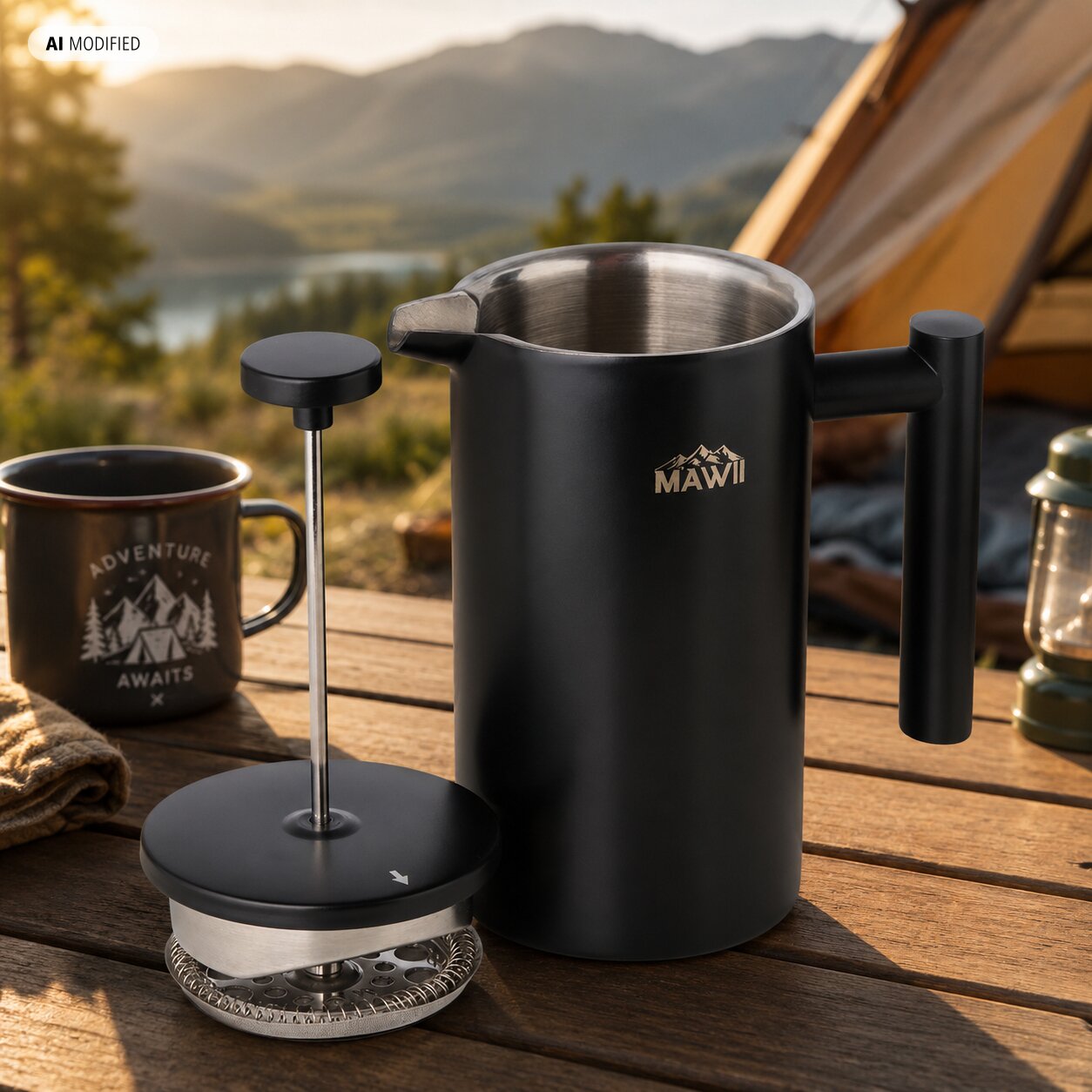 Schwarze Edelstahl-French-Press mit sichtbarem Innenbehälter; Deckel und Filter liegen daneben auf dem Holztisch, Tasse mit Adventure Awaits, Campingkulisse mit Zelt und Bergen im Hintergrund