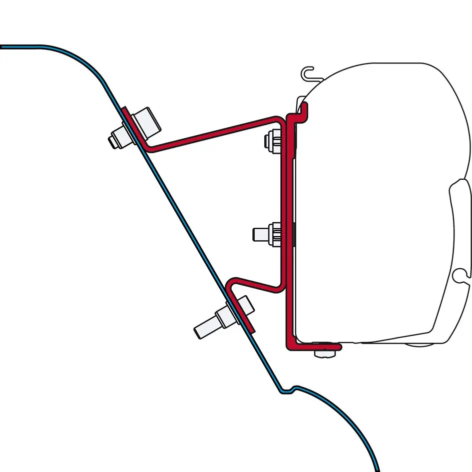 Skizze eines Markisenadapter Kit Sprinter H3/Westfalia H3/Crafter H3: Montagerahmen mit Bolzen, blaue Kabelführung führt zum Steckverbinder
