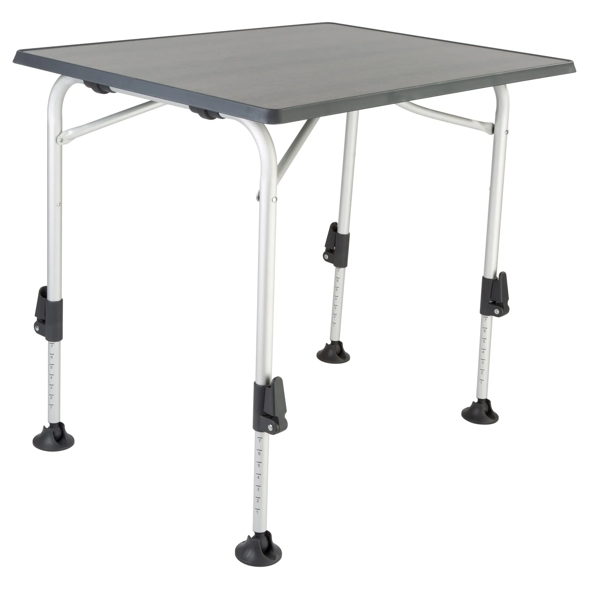 Campingtisch HighQ Blackline mit grauer quadratischer Tischplatte, weißen Aluminiumbeinen und höhenverstellbaren Füßen