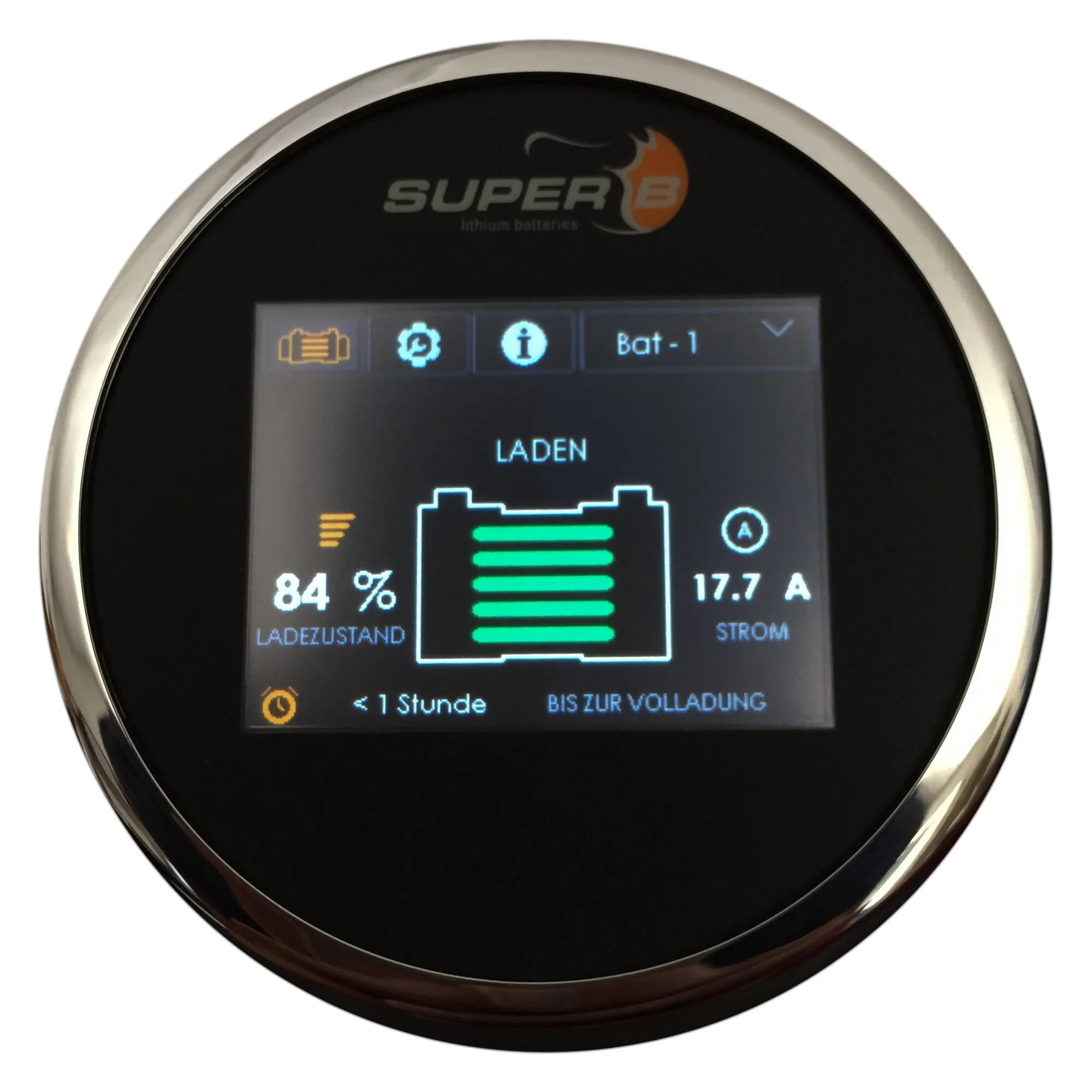 Rundes schwarzes SB Touch Display für Super-B Epsilon 100/150 Ah mit Chromrand, Anzeige „Laden“, 84 % und 17,7 A