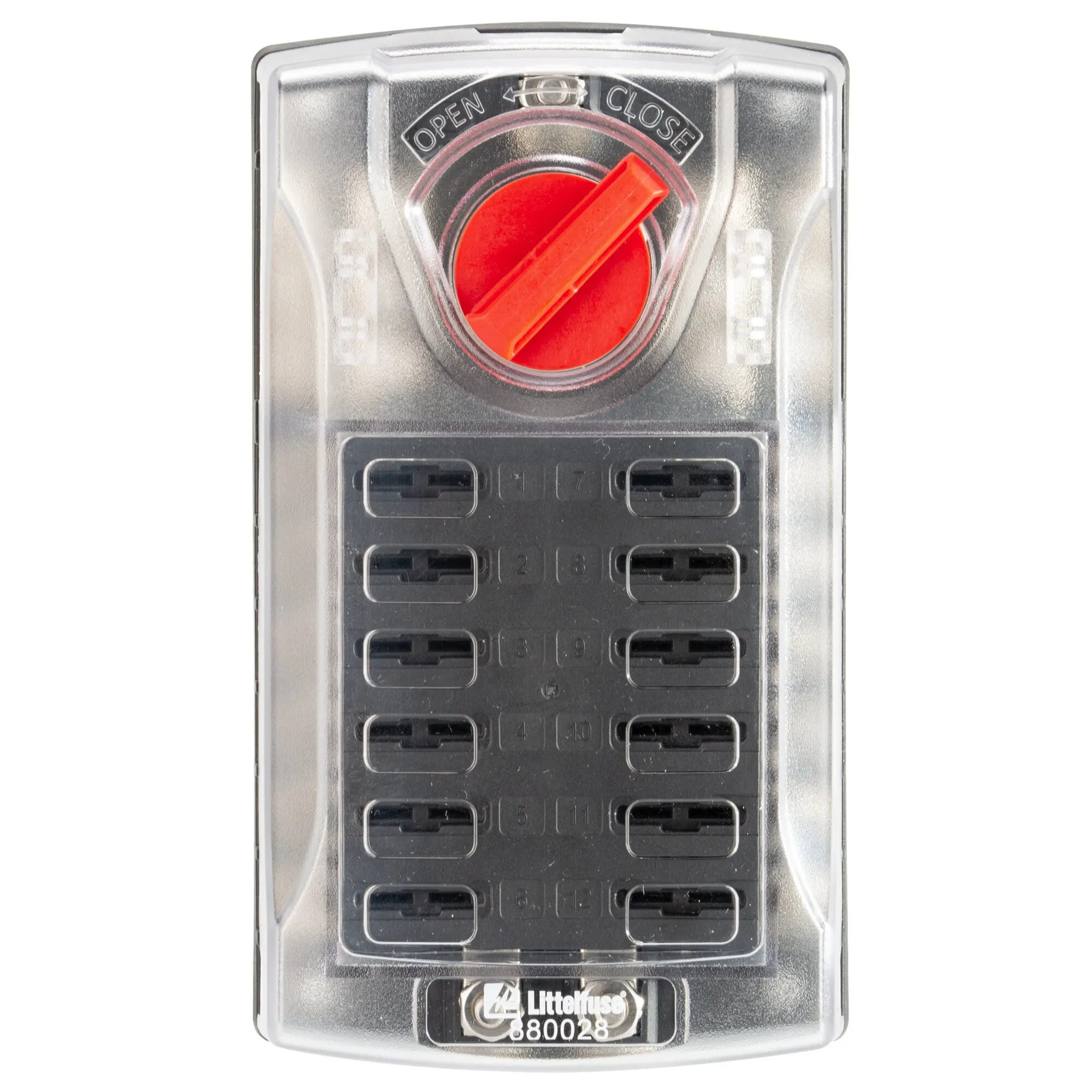 Sicherungsblock ST ATO® Series von Littelfuse mit transparentem Deckel, rotem Drehverschluss und 12 nummerierten Sicherungsplätzen