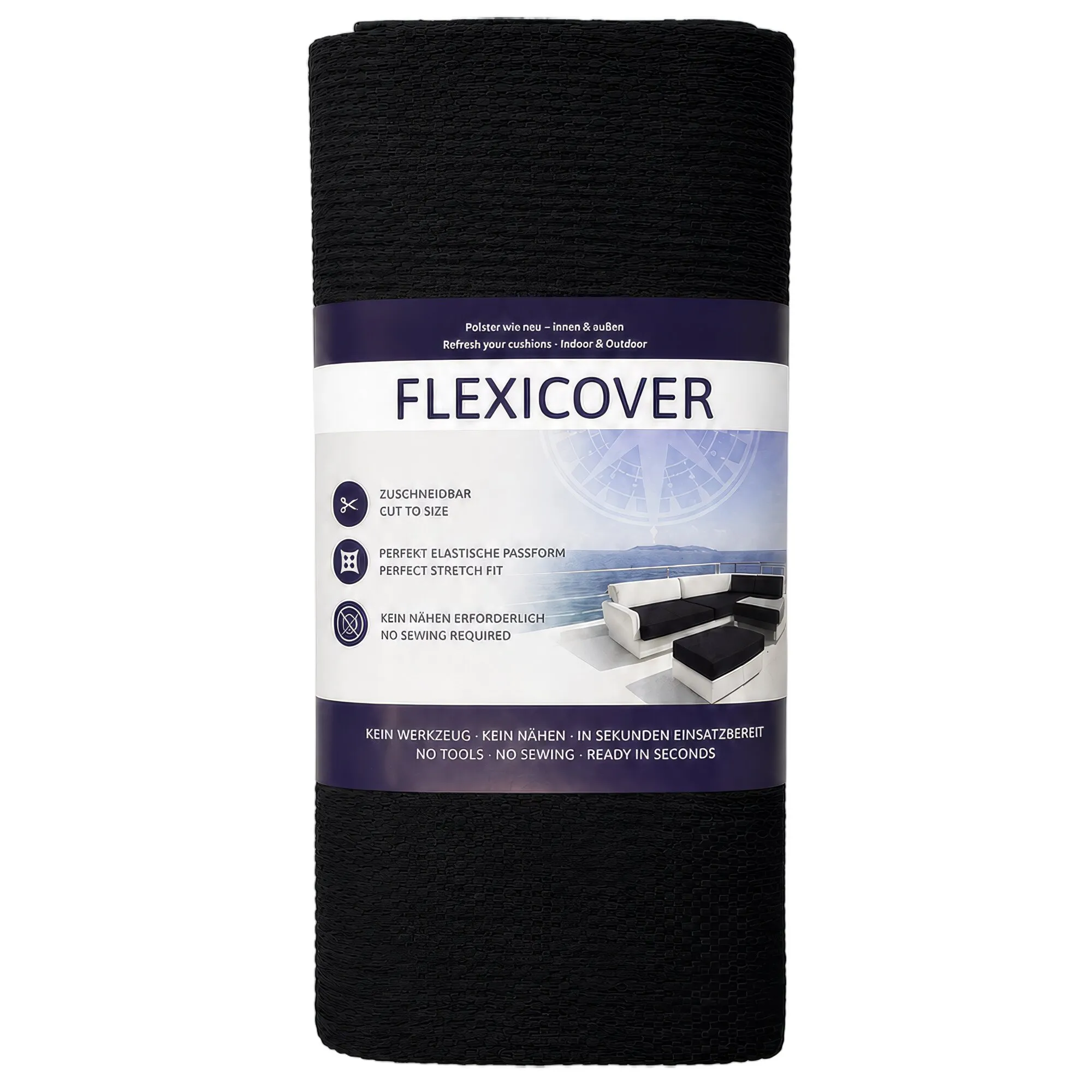Schwarzer Polsterschlauch FlexiCover als 5-Meter-Rolle mit Produktbanderole und Abbildung eines Sofas mit passendem Bezug
