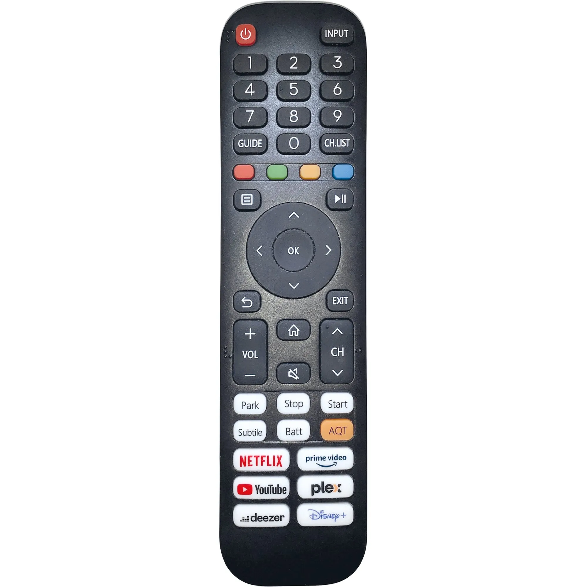 Schwarze Fernbedienung für den 24-Zoll-Oyster-Smart-TV mit Zifferntasten, Navigation, Lautstärke- und Streaming-Tasten