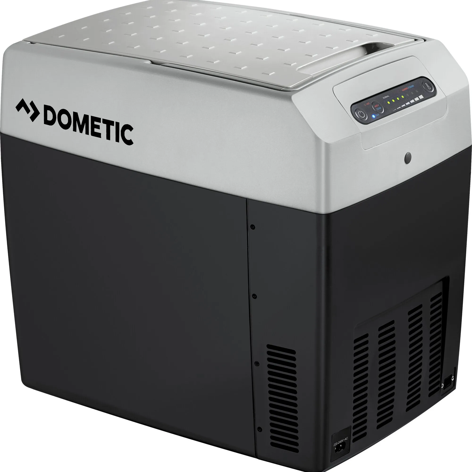 Silber-schwarze elektrische Kühlbox Dometic TropiCool Classic TCX mit 21 Litern, Bedienfeld und Lüftungsgittern
