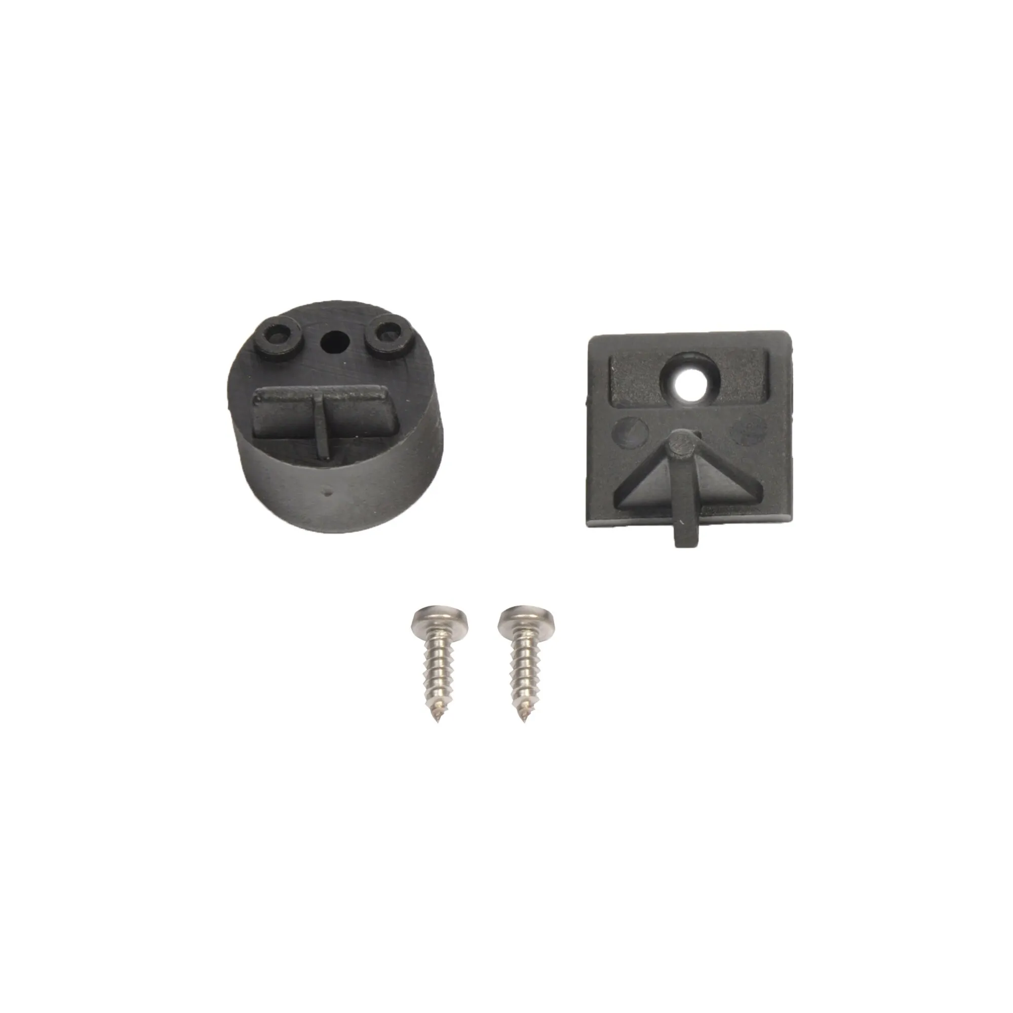 Befestigungssatz für Spannstangen mit zwei schwarzen Halterungen und zwei silbernen Schrauben auf weißem Hintergrund
