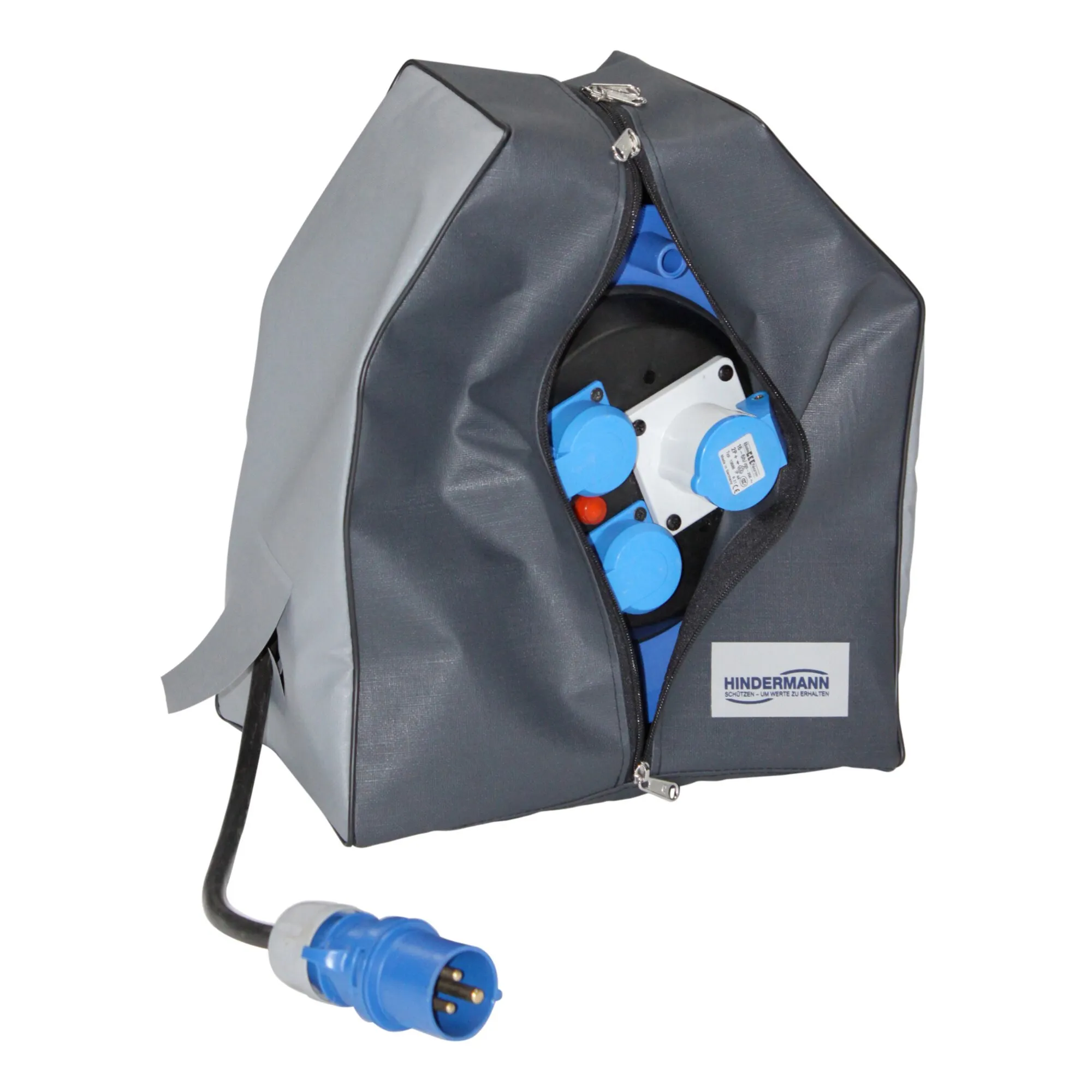 Offene dunkelgraue Kabeltrommeltasche von HINDERMANN mit sichtbarer blauer Kabeltrommel, Anschlüssen und herausgeführtem Stecker