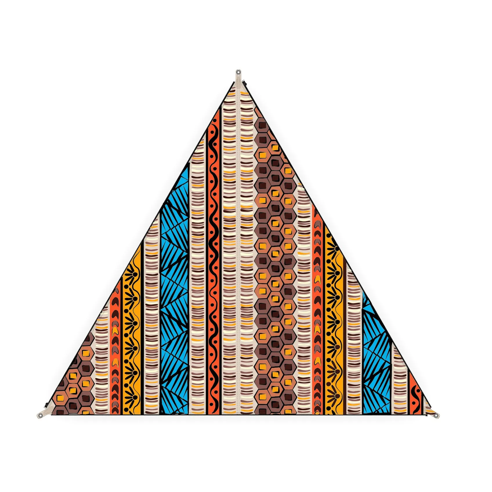 Dreieckiges Sonnensegel TC-Zip Canvas Africa mit buntem afrikanischem Streifenmuster und drei Befestigungsösen