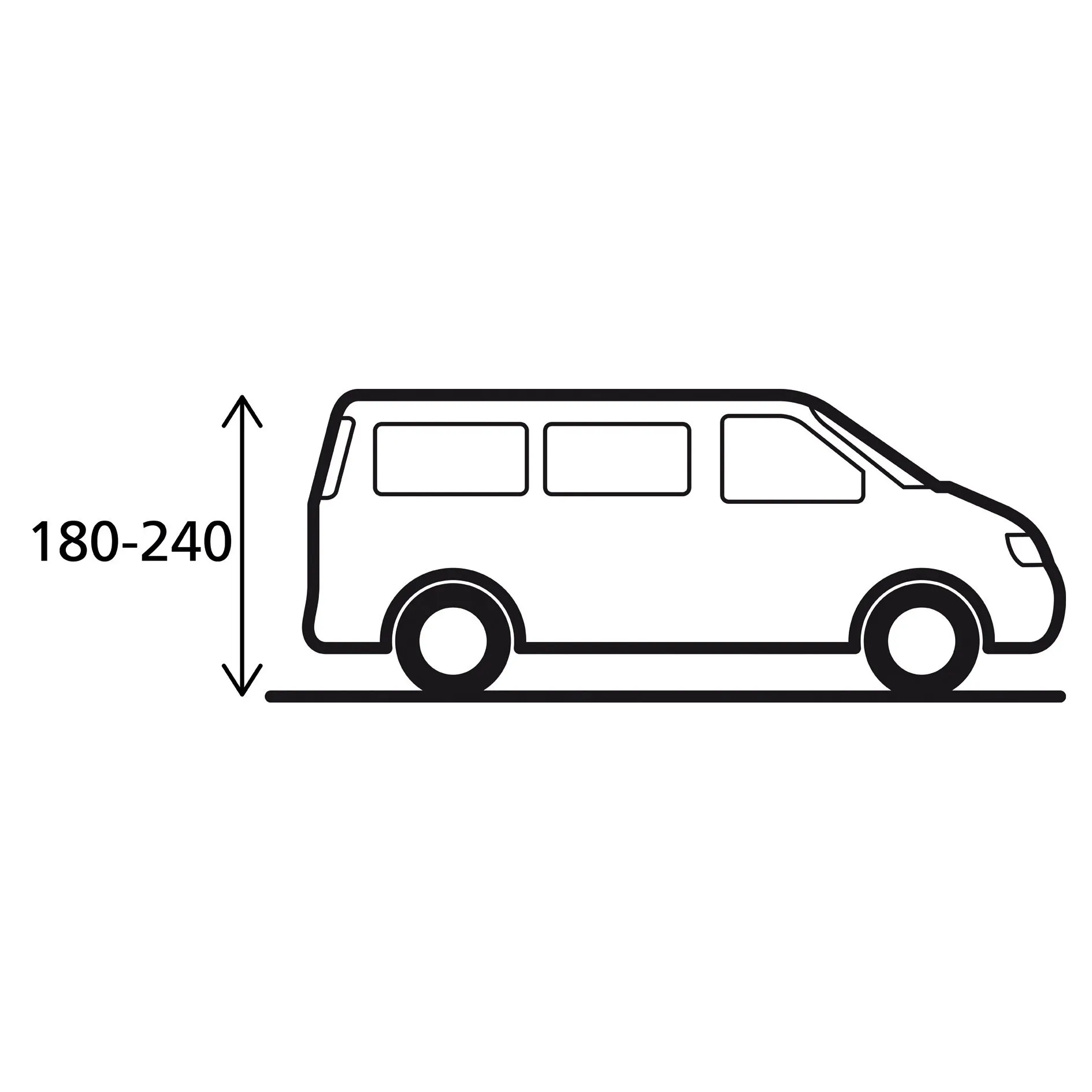 Seitenansicht eines gezeichneten Vans mit markierten Maßen von 180 bis 240 cm für das Busvorzelt Advantourer