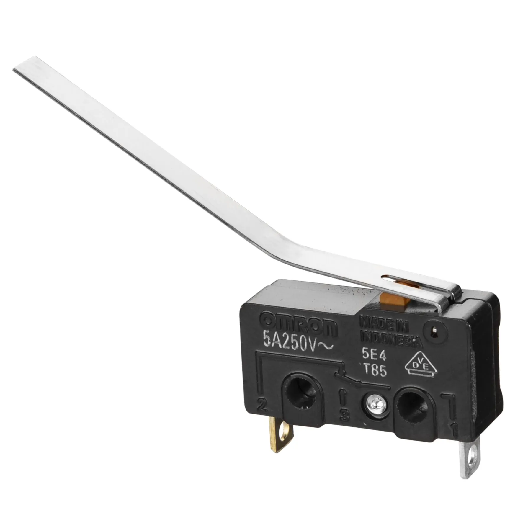 Schwarzer Mikroschalter mit langem Metallhebel und zwei Anschlussfahnen für C500, Omron 5A 250V~