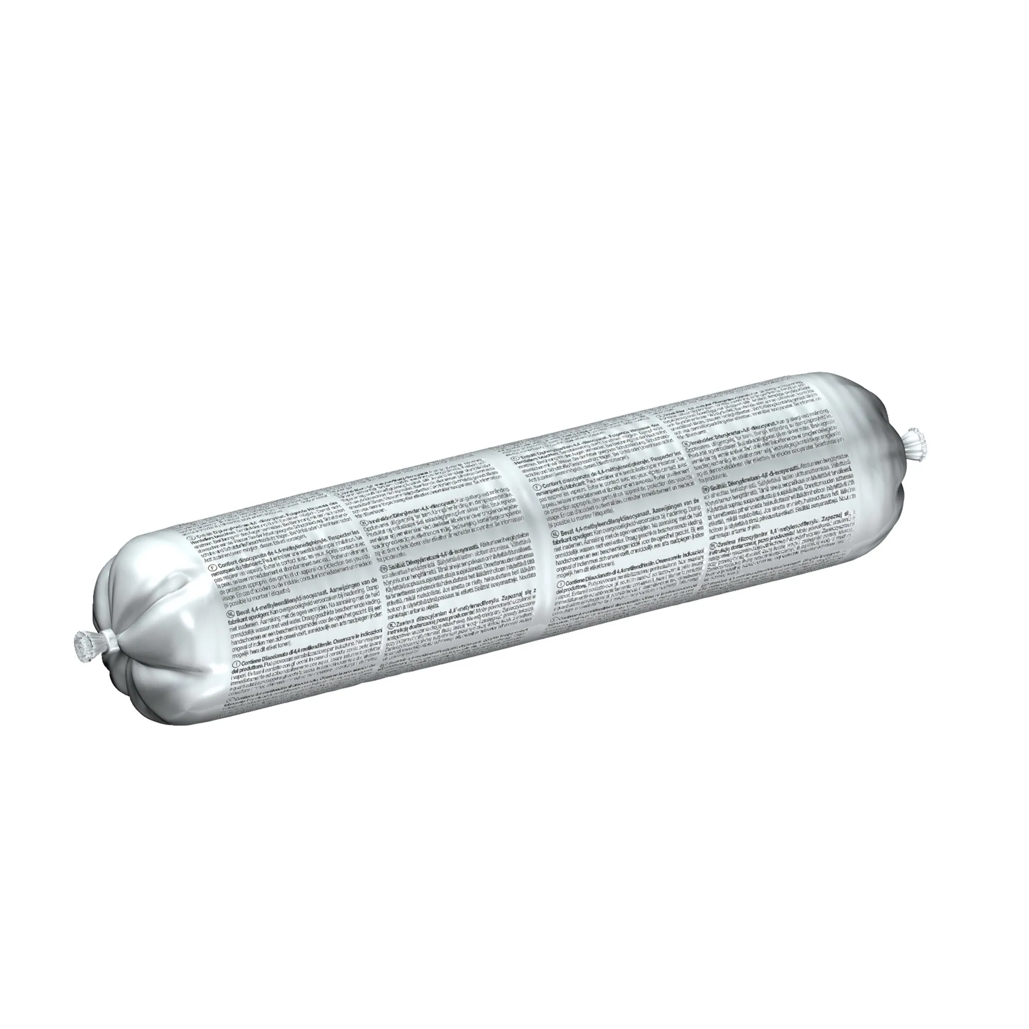 Silberfarbener Schlauchbeutel mit Butyl-Abdichtmasse RB 2759, 570 ml, beidseitig verschlossen und mit Produktinformationen bedruckt