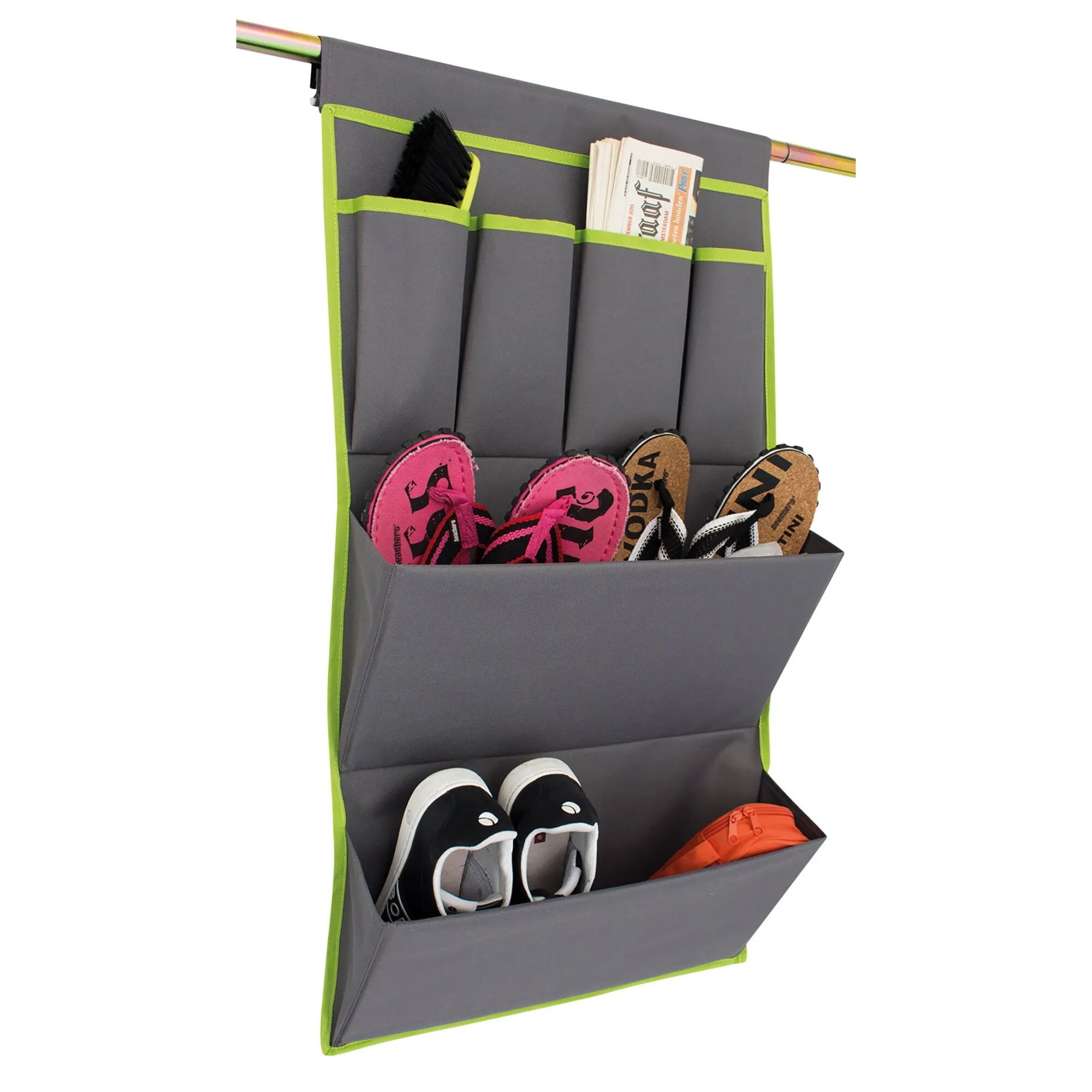 Grauer Organizer Bristol, 48 cm, mit grünen Kanten, mehreren Fächern an einer Kleiderstange, gefüllt mit Schuhen und Accessoires