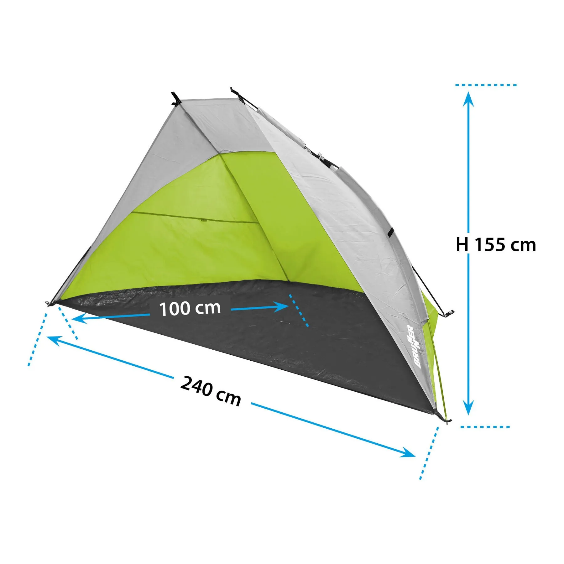 Strandmuschel Tonga in Grau und Limegrün mit schwarzem Boden, sichtbaren Maßen von 240 × 100 cm und 155 cm Höhe