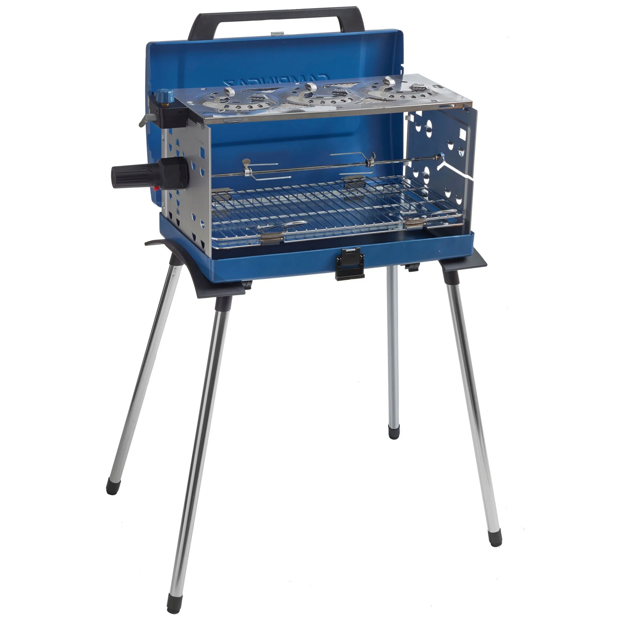 Blauer Koffergasgrill 400 SGR mit geöffnetem Deckel, Grillrost, Drehspieß und vier ausklappbaren Standbeinen