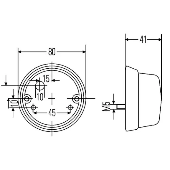 Technische Zeichnung einer runden Positionsleuchte mit 80 mm Durchmesser, Lochbefestigungslöcher, Seitenansicht 41 mm Tiefe und M5 Gewinde