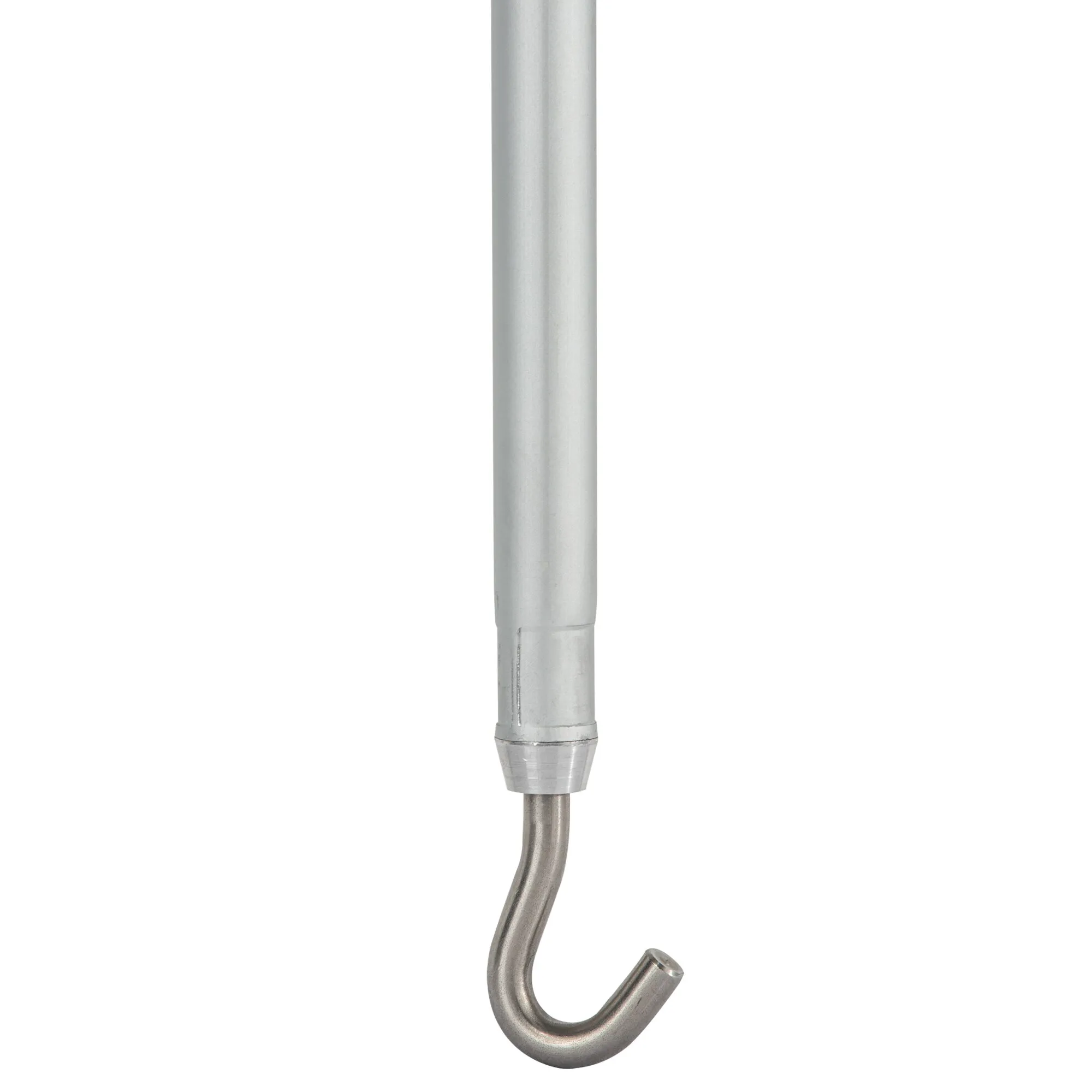 Aluminium-Handkurbel mit langem silberfarbenem Schaft und gebogenem Metallhaken in Detailaufnahme