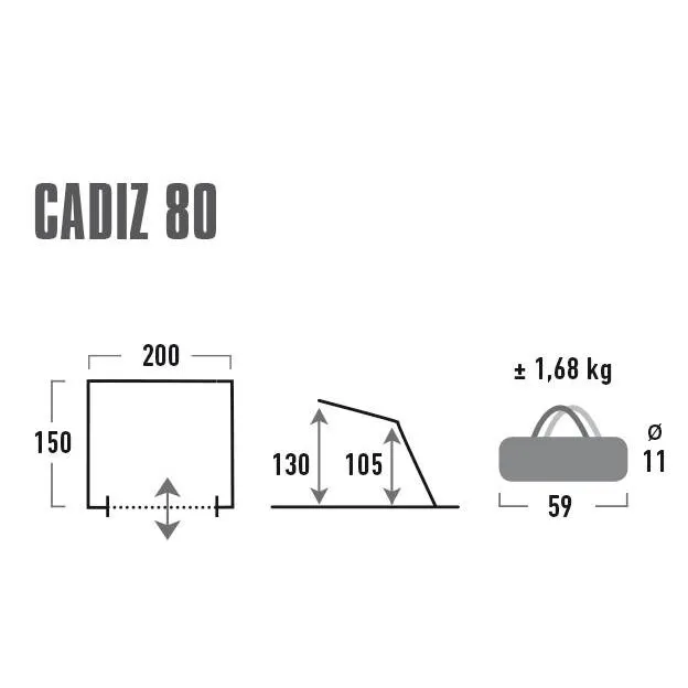 Strandmuschel Cadiz 80 als Maßgrafik mit 200 × 150 cm Grundfläche, 130 bzw. 105 cm Höhe und Packmaß 59 × 11 cm bei 1,68 kg