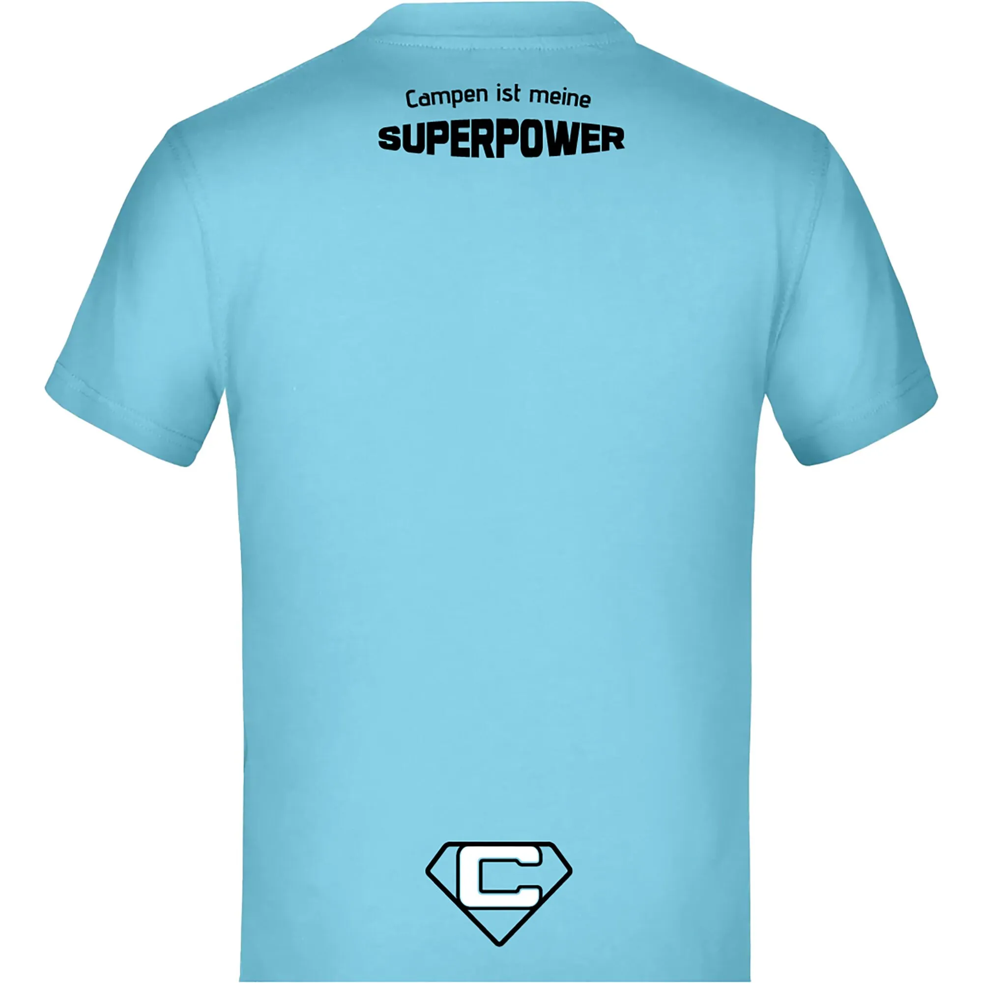 Hellblaues Kinder-T-Shirt in Größe 110/116 mit schwarzem Aufdruck Campen ist meine Superpower und Superhelden-Logo