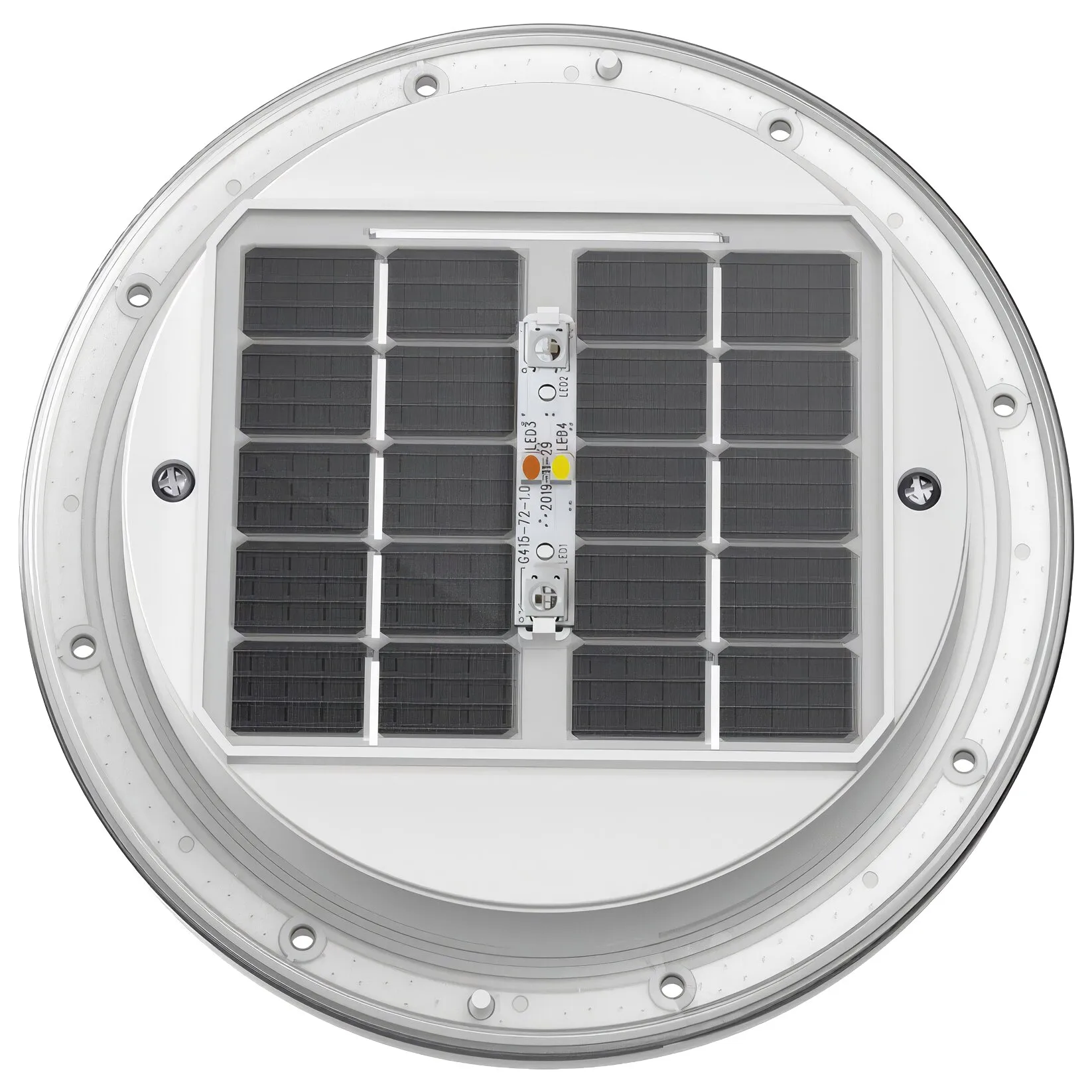 Unterseite einer runden weißen LED-Solar-Dekoleuchte mit rechteckigem Solarpanel und zentraler LED-Leiste