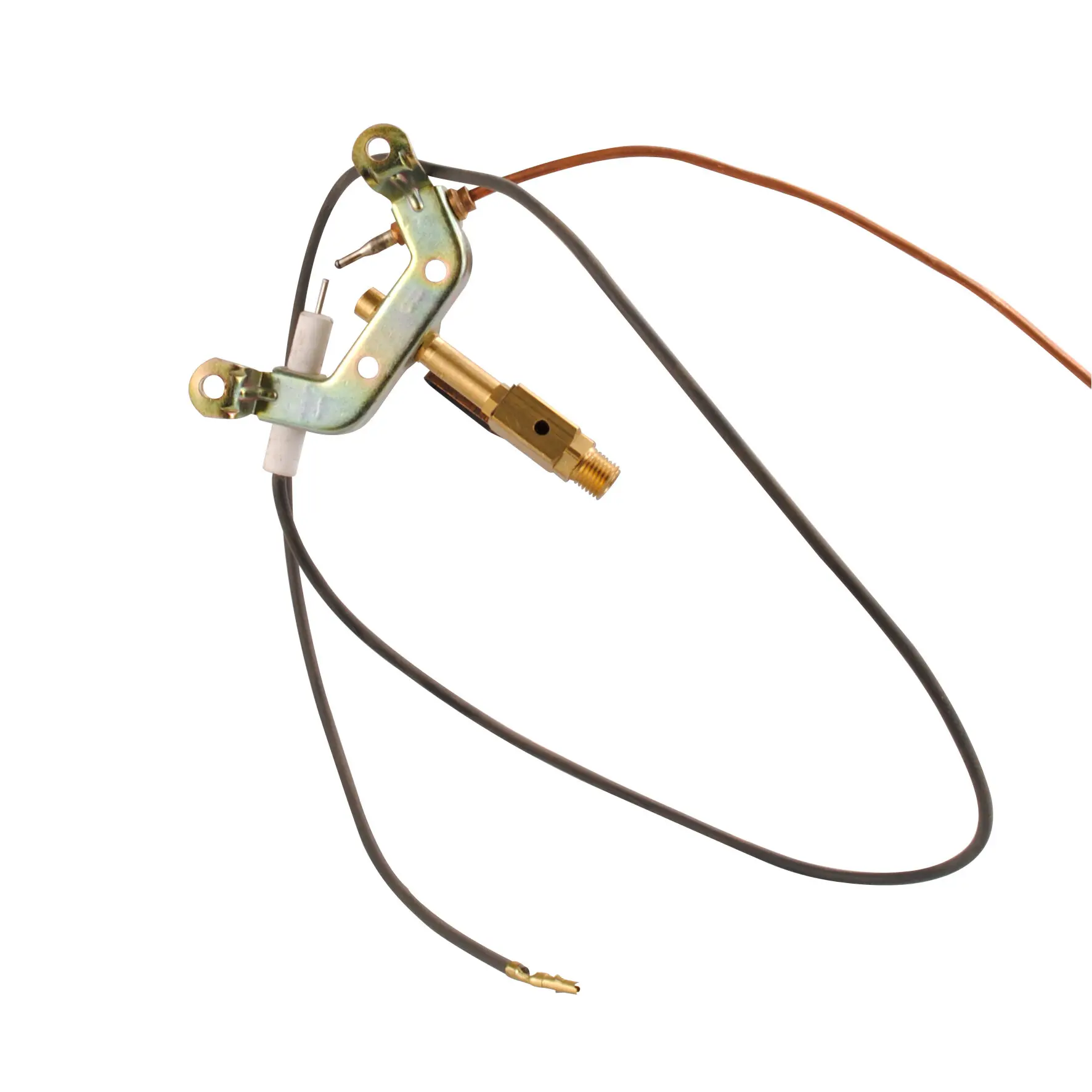 Metallhalter mit Sauerstoffsensor, weißem Keramikisolator und kleinem Sensorstift, braunes und schwarzes Kabel sowie Messingstecker sichtbar