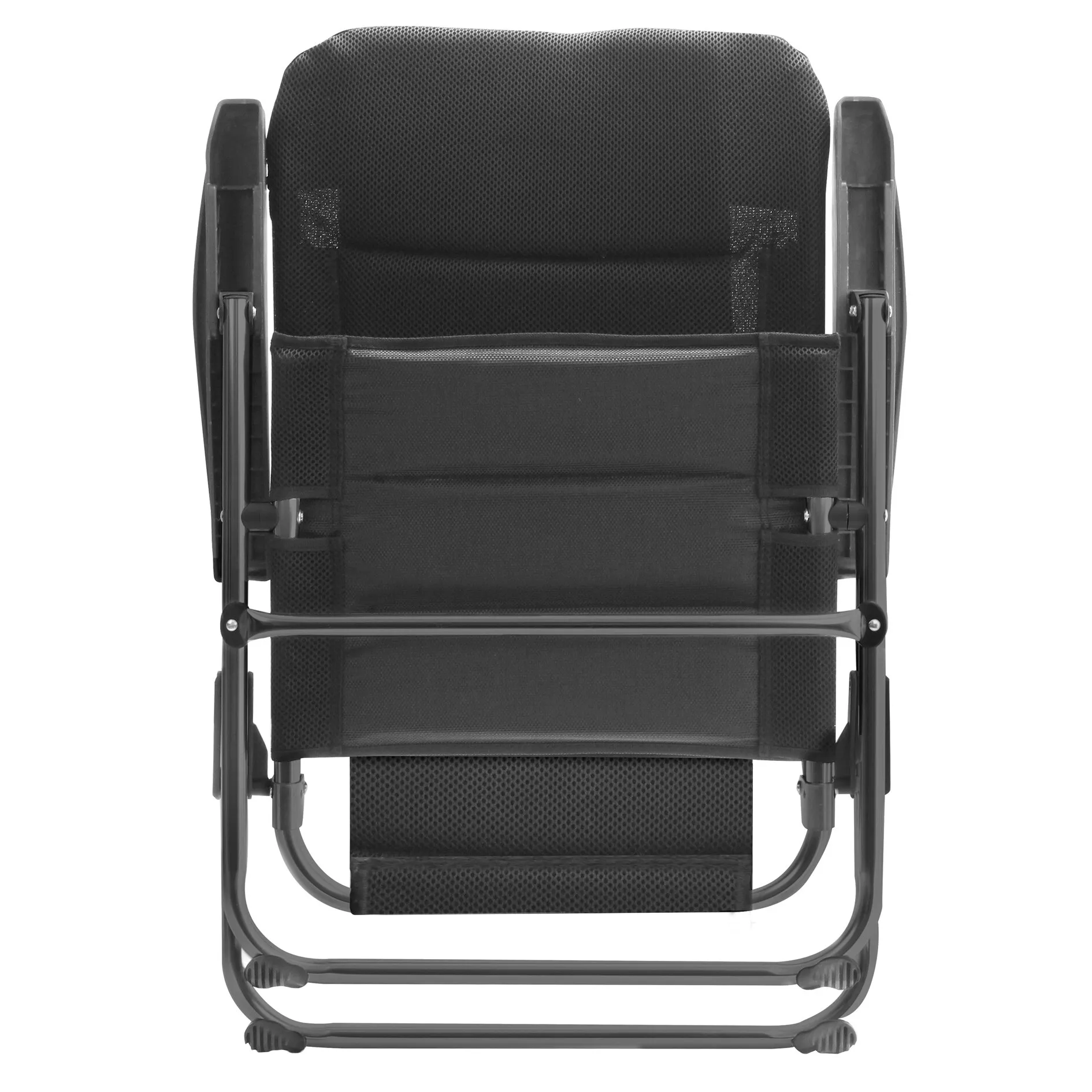Schwarzer, klappbarer Relaxstuhl des Stuhl-/Tischsets Compact mit gepolsterter Rückenlehne, Armlehnen und Fußstütze in Frontansicht