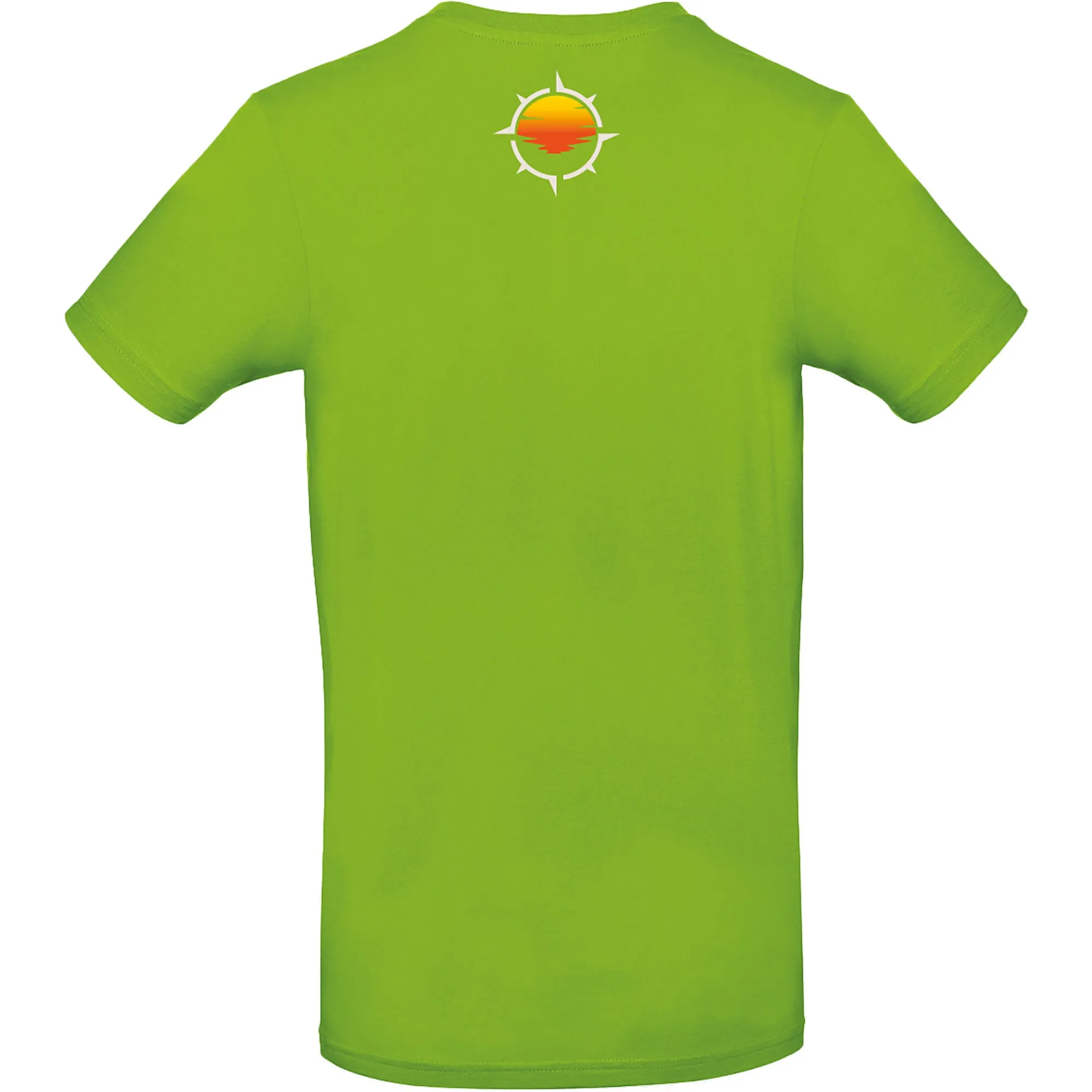 Apfelgrünes T-Shirt Vanlife 2 in Größe M mit kurzen Ärmeln, Rundhalsausschnitt und kleinem Sonnenuntergangsmotiv auf der Brust