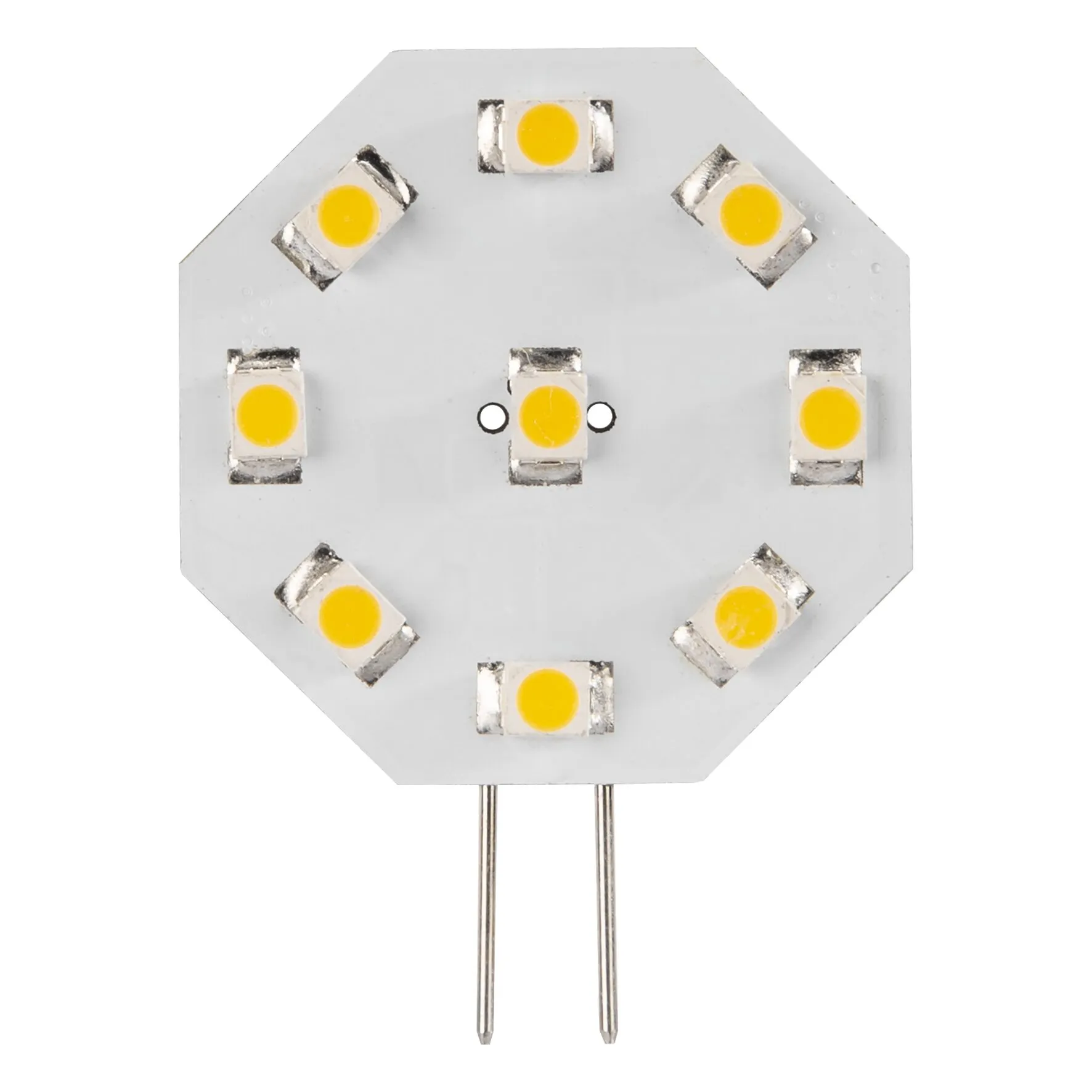 Flaches LED-Leuchtmittel mit G4-Stiftsockel, acht gelben LEDs auf weißer Platine und zwei Metallstiften