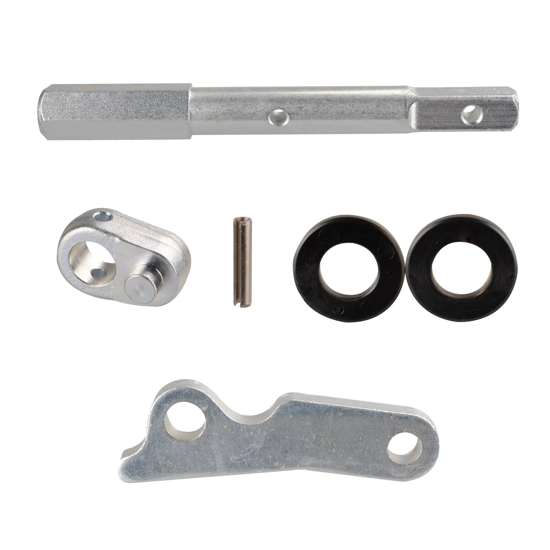 Anschwenkset aus verzinktem Metall mit Schwenkhebel, Bolzen, zwei schwarzen Kunststoffringen und Verbindungsstange