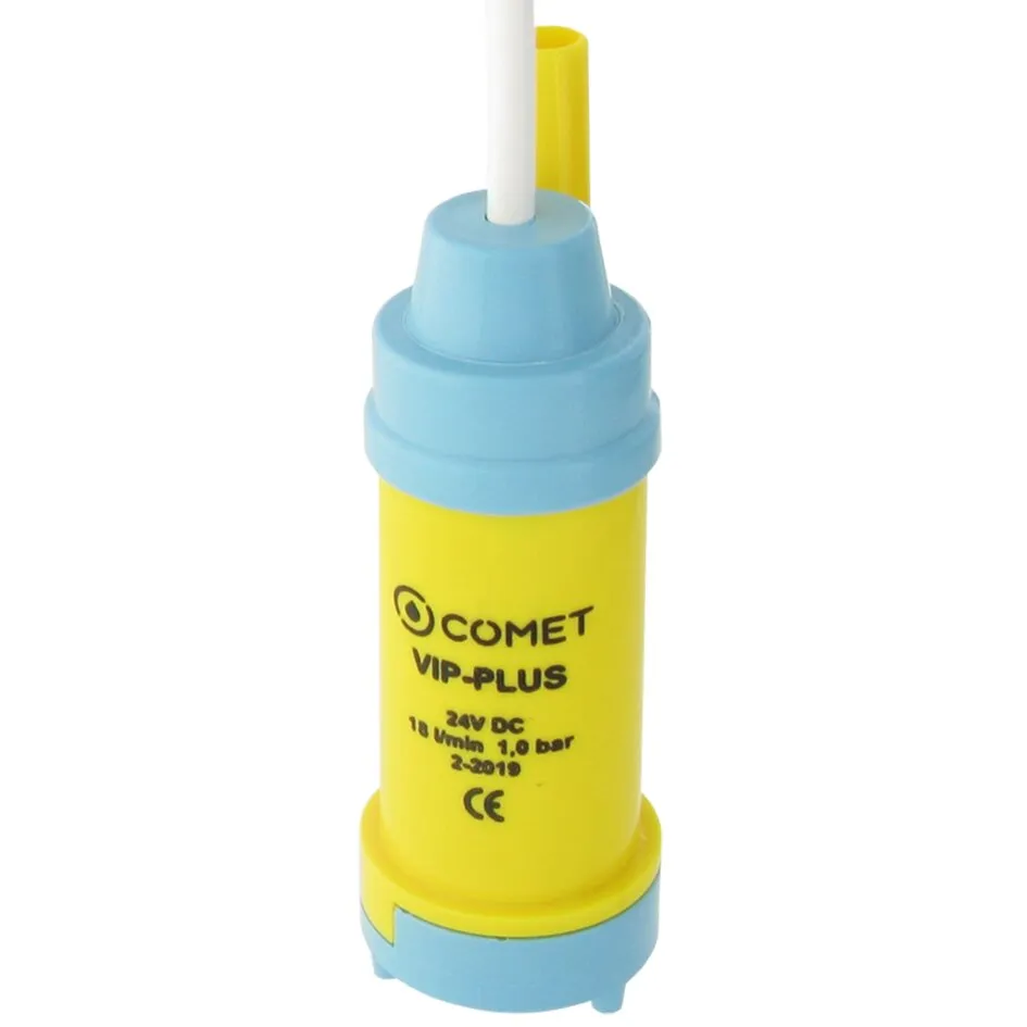 Gelbe Comet Tauchpumpe VIP-Plus mit blauem Pumpenkopf, weißem Kabel und gelbem Schlauch, beschriftet mit 24 V DC