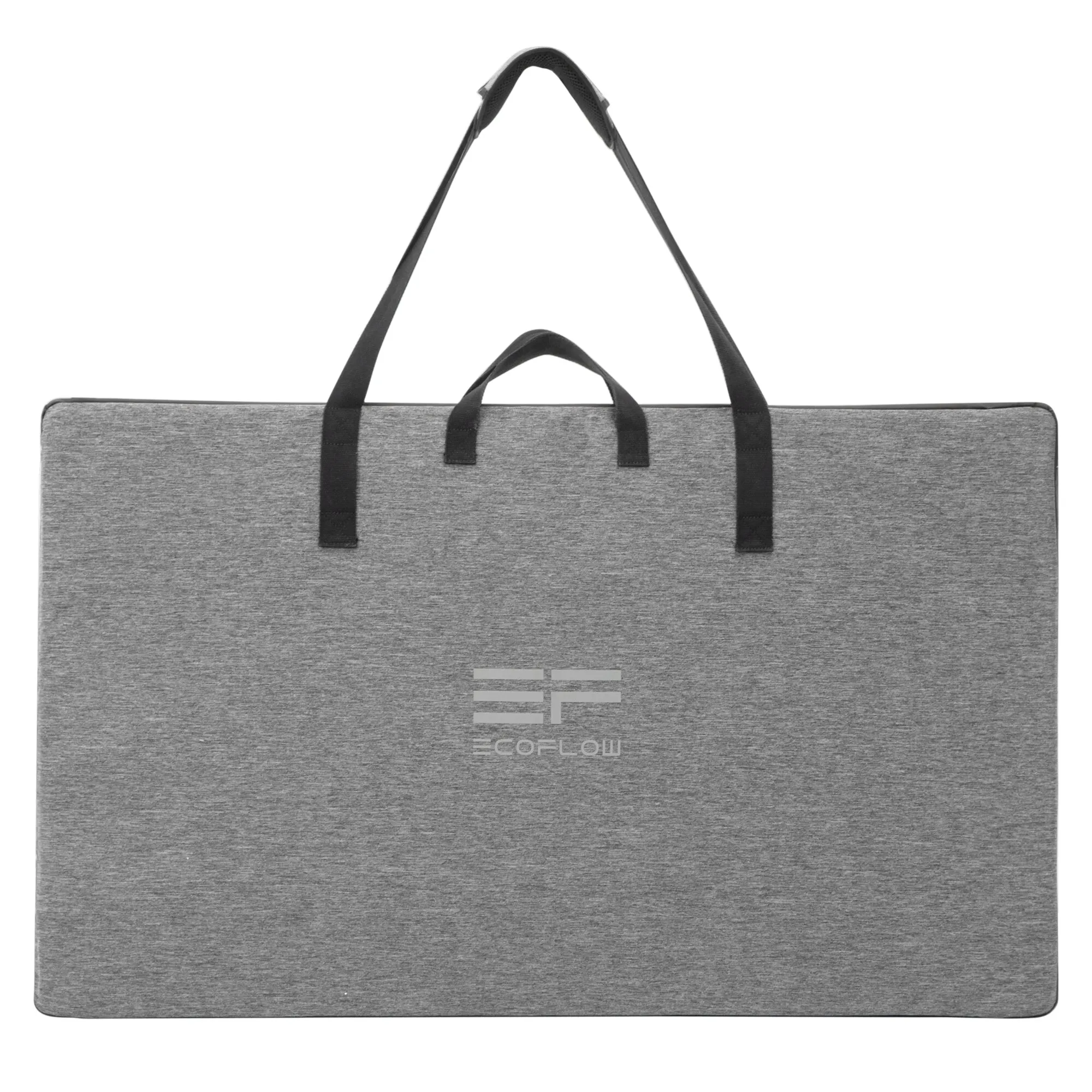 Zusammengefaltetes graues 400-Wp-Solarmodul von EcoFlow mit schwarzen Tragegriffen und Markenlogo