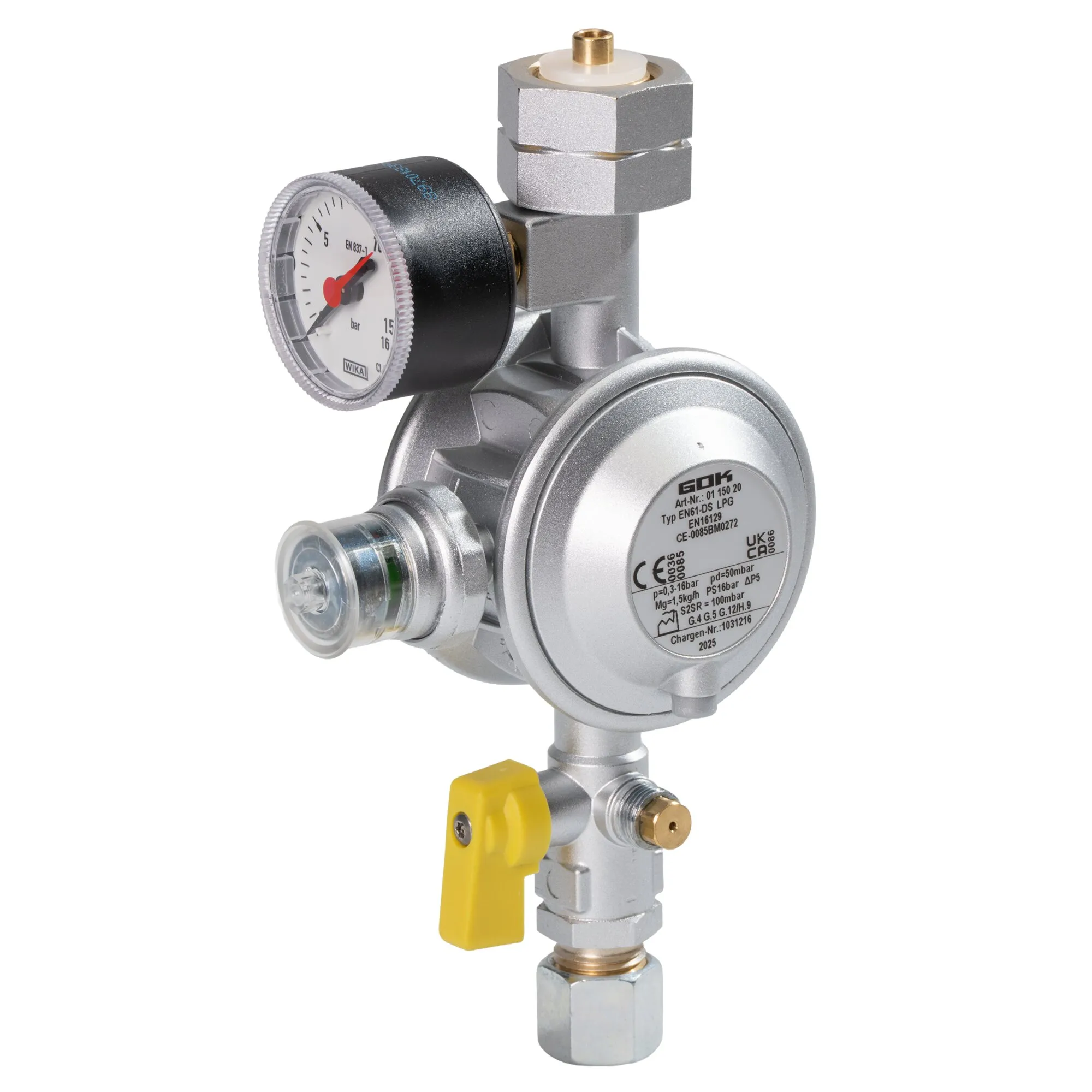 Silberner Gasregler mit Manometer, gelbem Absperrventil und Anschlussverschraubungen, 1,5 kg/h Komb.A x RVS10 UEDS KH Man