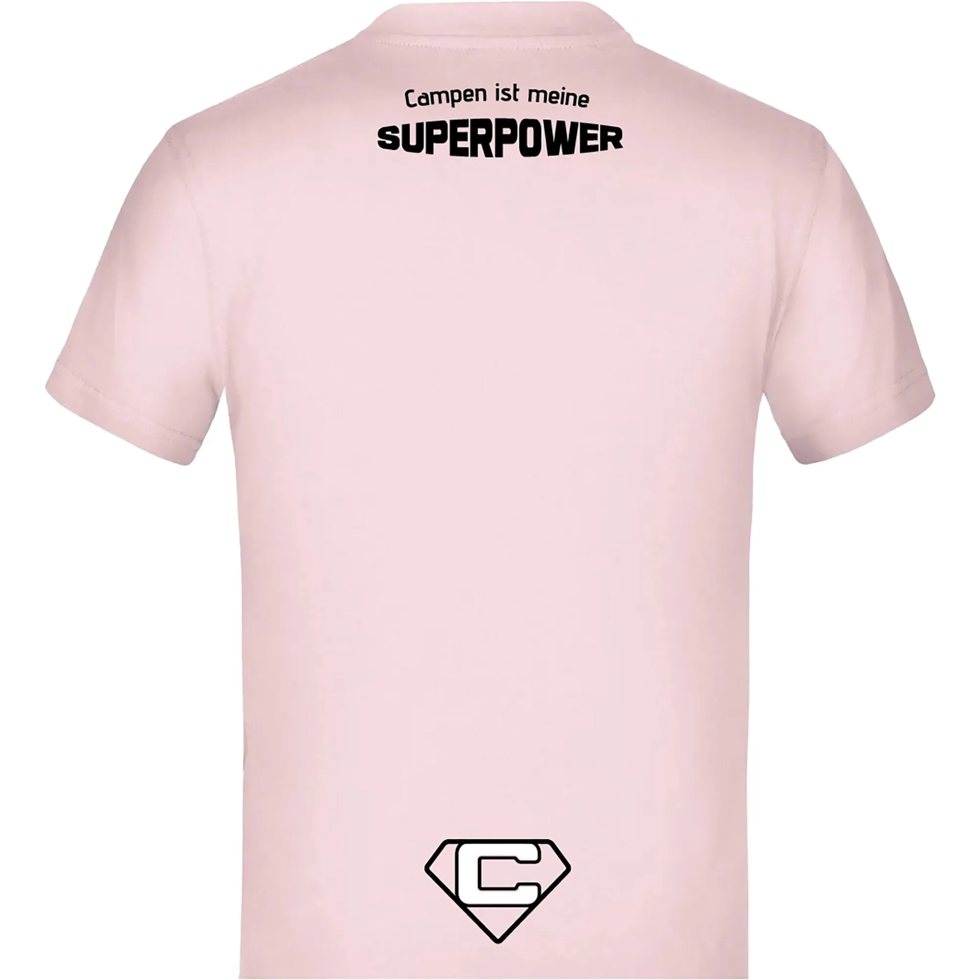 Rosa Kinder-T-Shirt in Größe 110/116 mit kurzen Ärmeln, schwarzem Aufdruck Campen ist meine SUPERPOWER und Superhelden-Logo