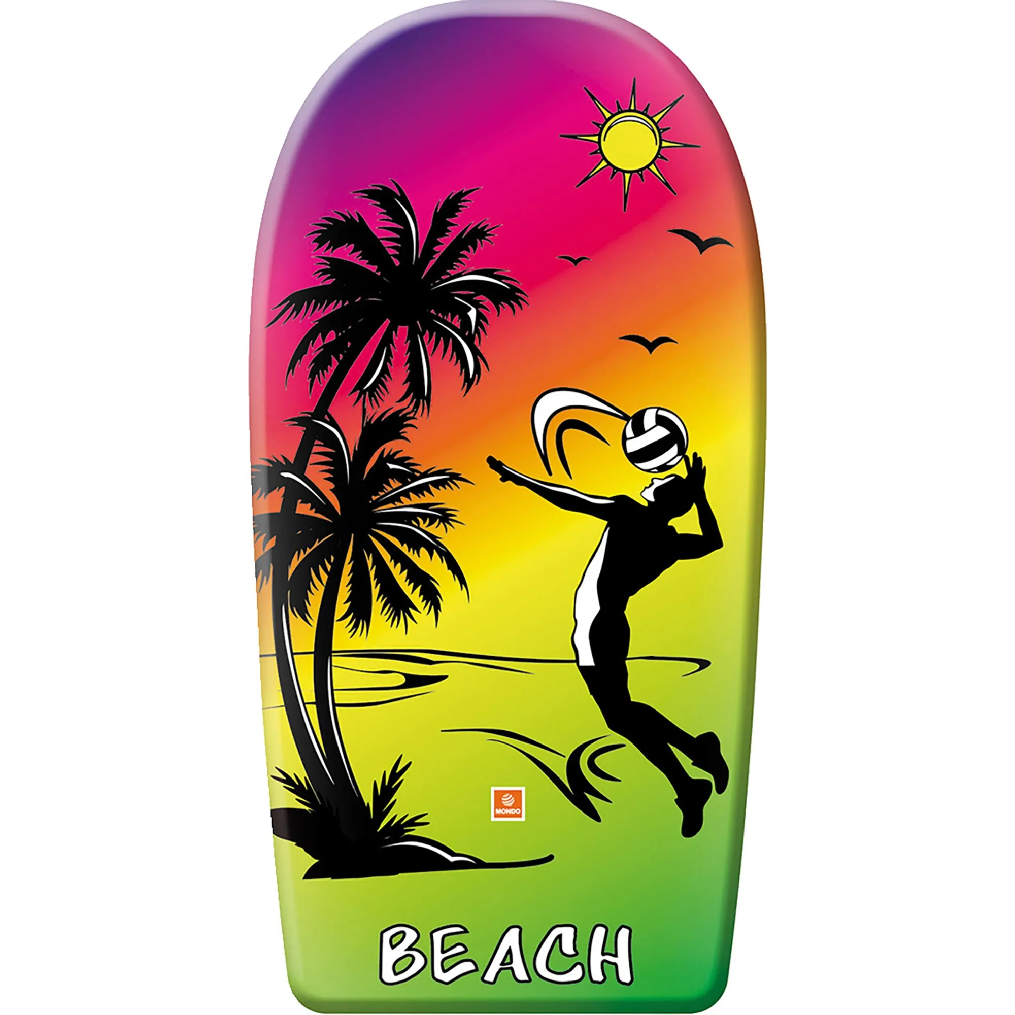 Bunter Wellenreiter mit abgerundeter Form, Palmenstrand-Motiv, Volleyballspieler-Silhouette und der Aufschrift BEACH