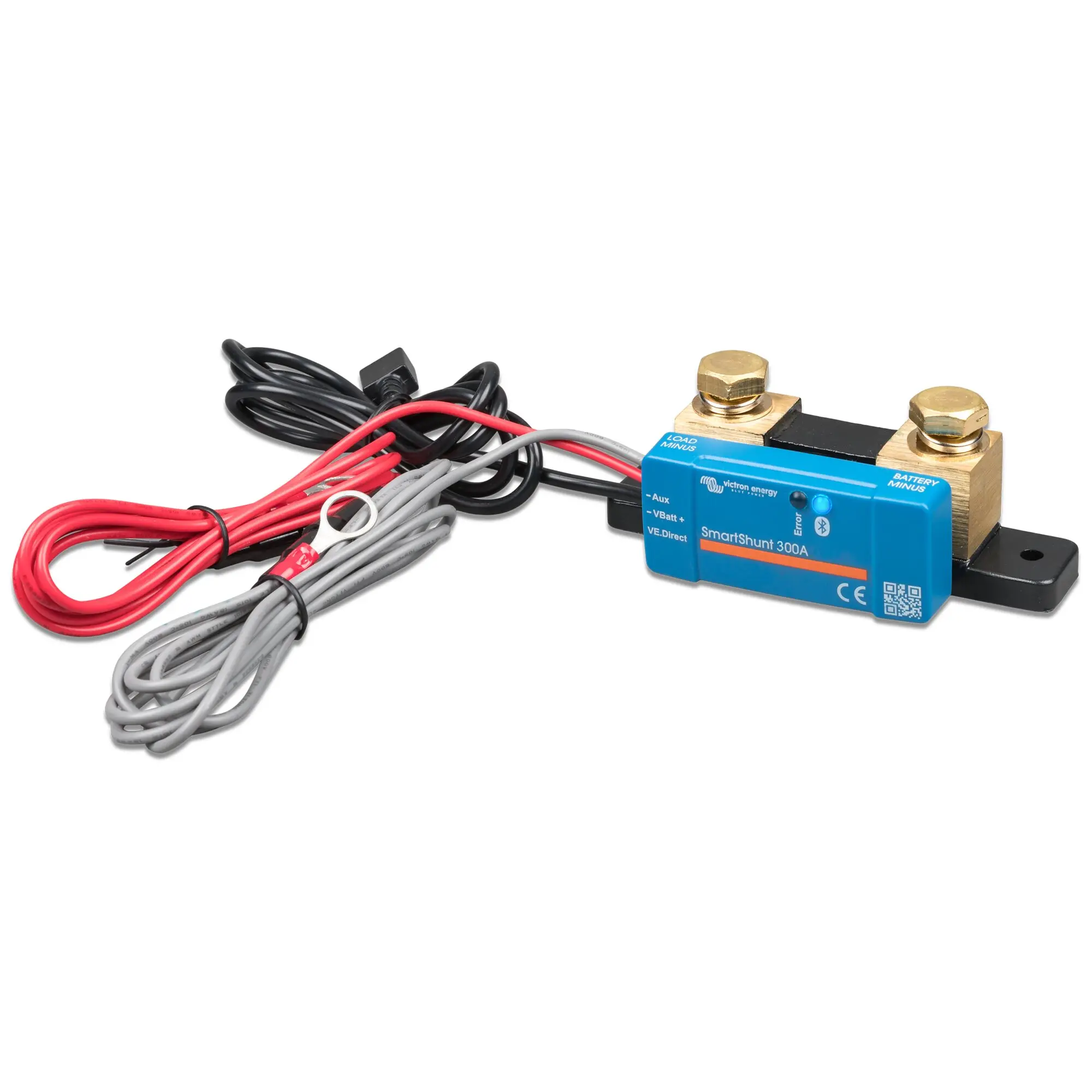 Blaue SmartShunt 300A Batteriewächter mit roten, schwarzen und grauen Leitungen sowie goldfarbenen Batterieschraubklemmen auf der Metallbasis