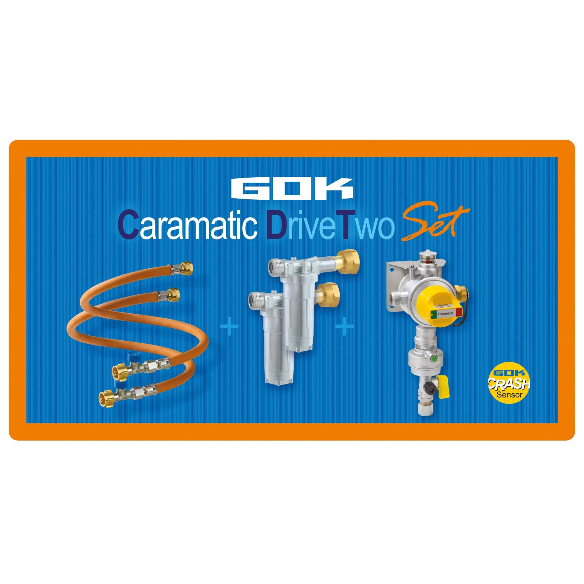 GOK Caramatic DriveTwo Set mit orangefarbenen Gasflaschenschläuchen, Umschaltventil und Crash-Sensor-Regler in vertikaler Anordnung