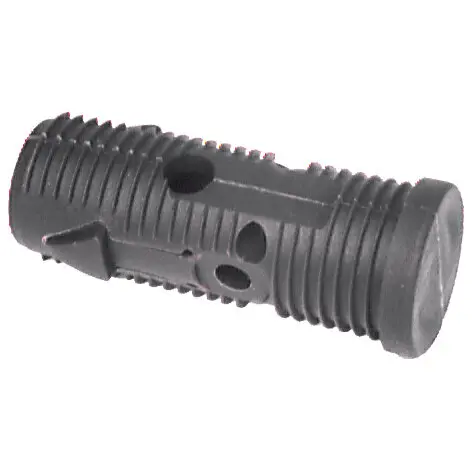 Schwarzer Bodengleiter aus Kunststoff, zylindrische Form mit umlaufenden Rippen, seitlichen Löchern und Clips, Durchmesser 22 mm