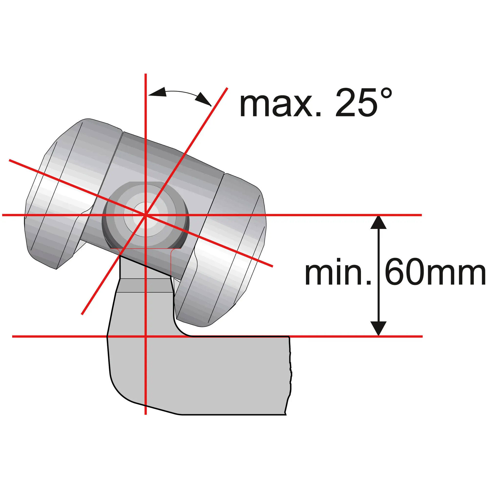 Detailansicht einer Sicherheitskupplung AKS 3004 mit grauem Gehäuse, rotem Achsenkreuz und Bolzen; Anzeige max. 25° und min. 60 mm im Diagramm