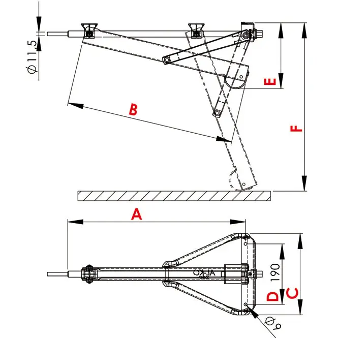 Technische Zeichnung der Steckstütze Compact 800 S mit mehrgliedrigem Arm und Gelenken, Bodenplatte, Seiten- und Draufsicht, Maßlinien A bis F